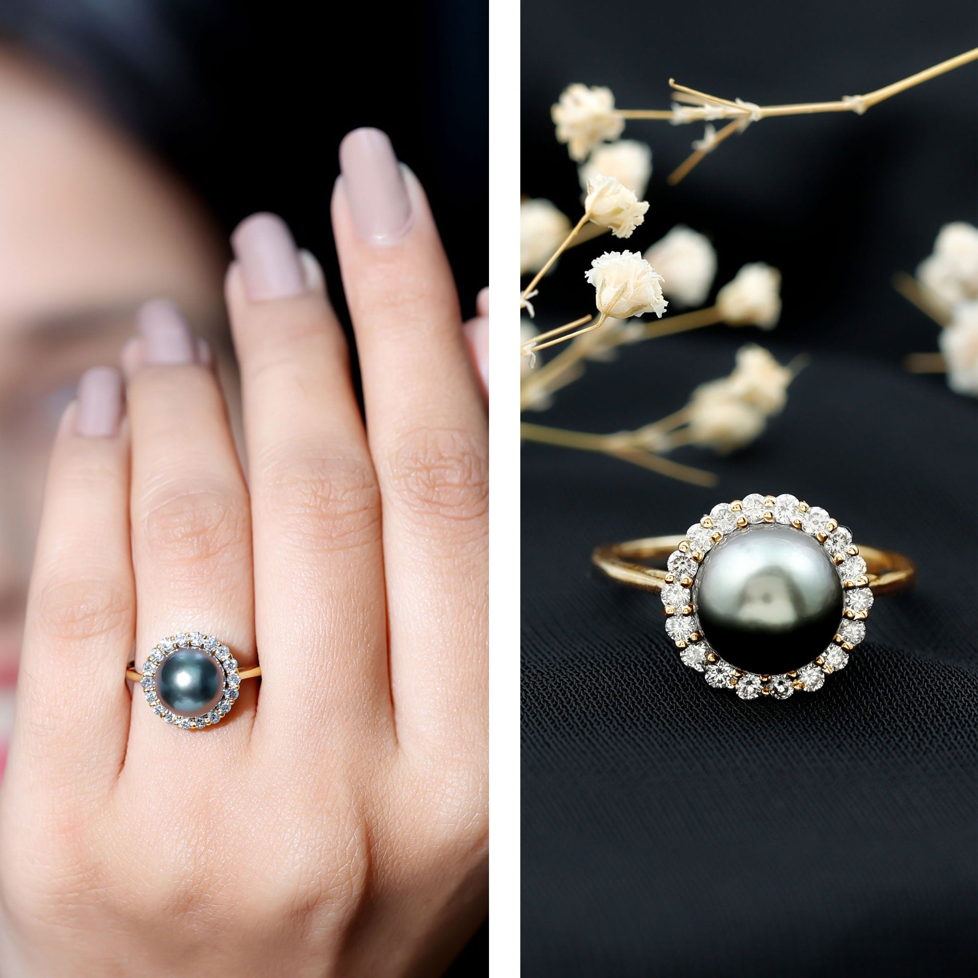 Natural Tahitian Pearl and Diamond Halo Engagement Ring AAA - Rosec Jewels
