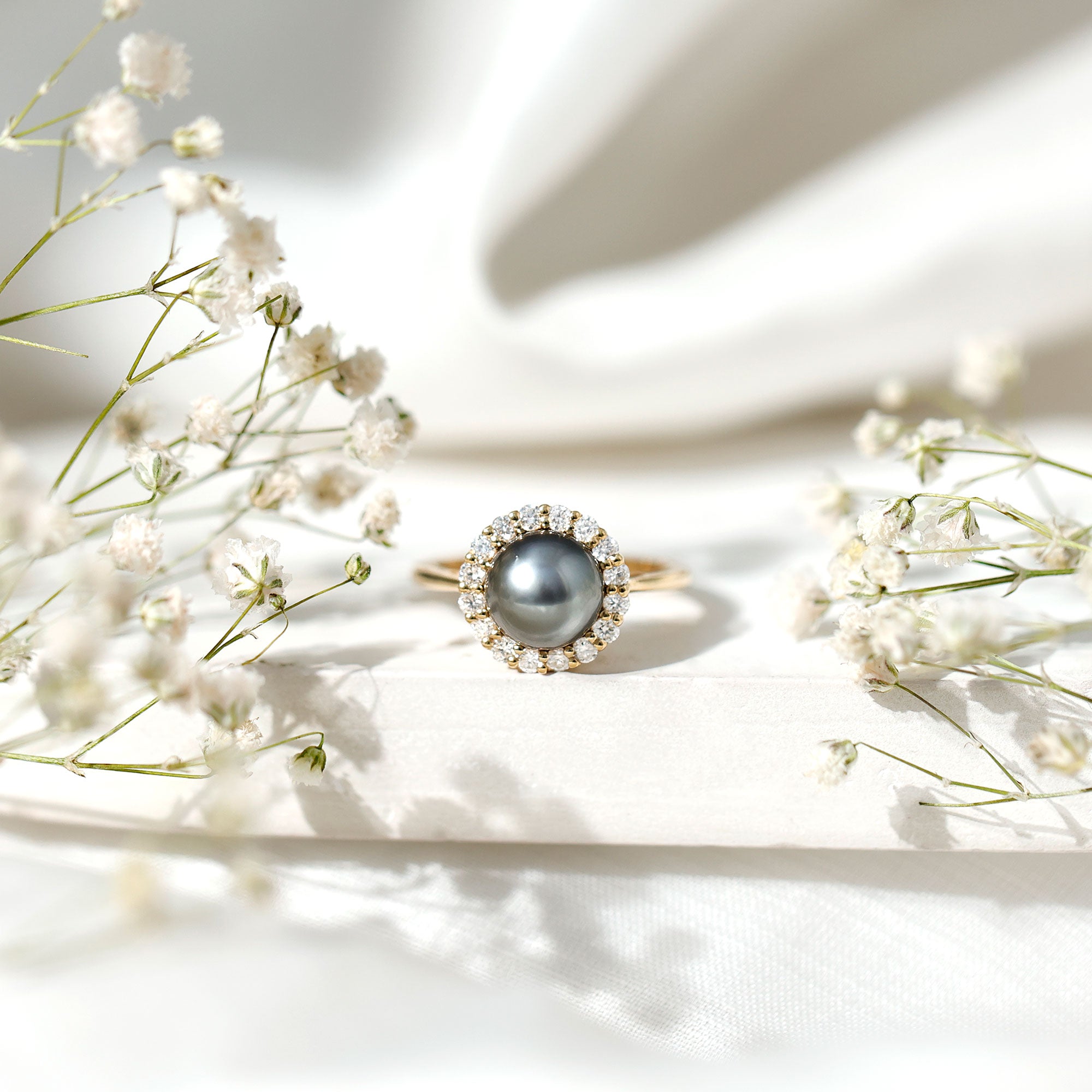 Natural Tahitian Pearl and Diamond Halo Engagement Ring AAA - Rosec Jewels