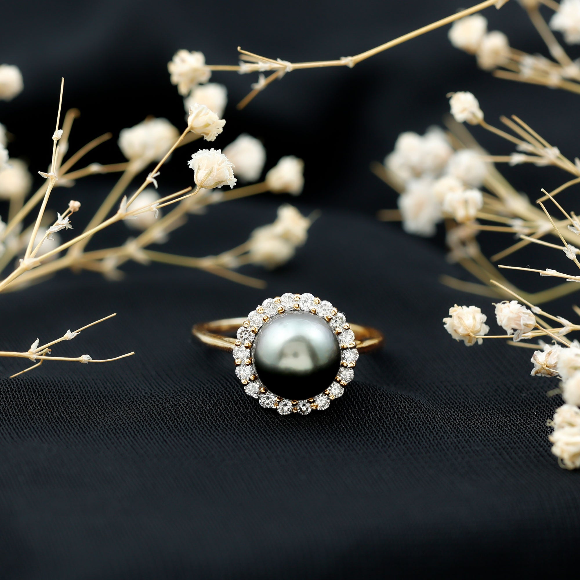 Natural Tahitian Pearl and Diamond Halo Engagement Ring AAA - Rosec Jewels