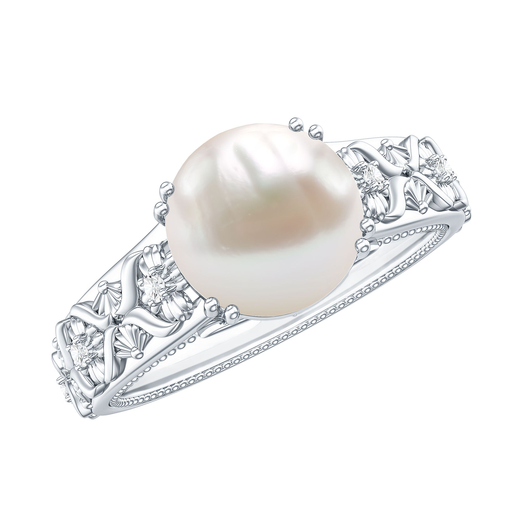 Nature Inspired 7.4 Carat Freshwater Pearl Diamond Engagement Ring AAA - Rosec Jewels