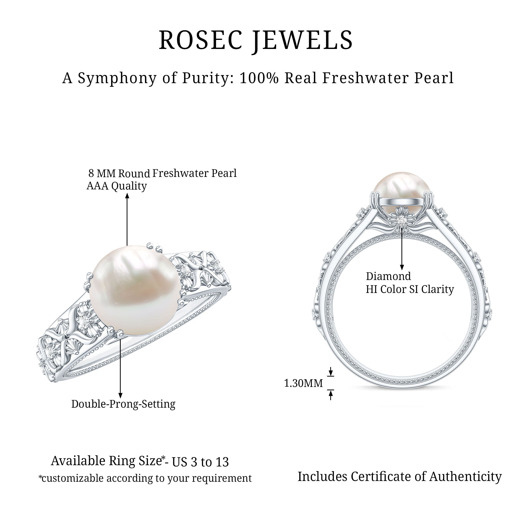 Nature Inspired 7.4 Carat Freshwater Pearl Diamond Engagement Ring AAA - Rosec Jewels