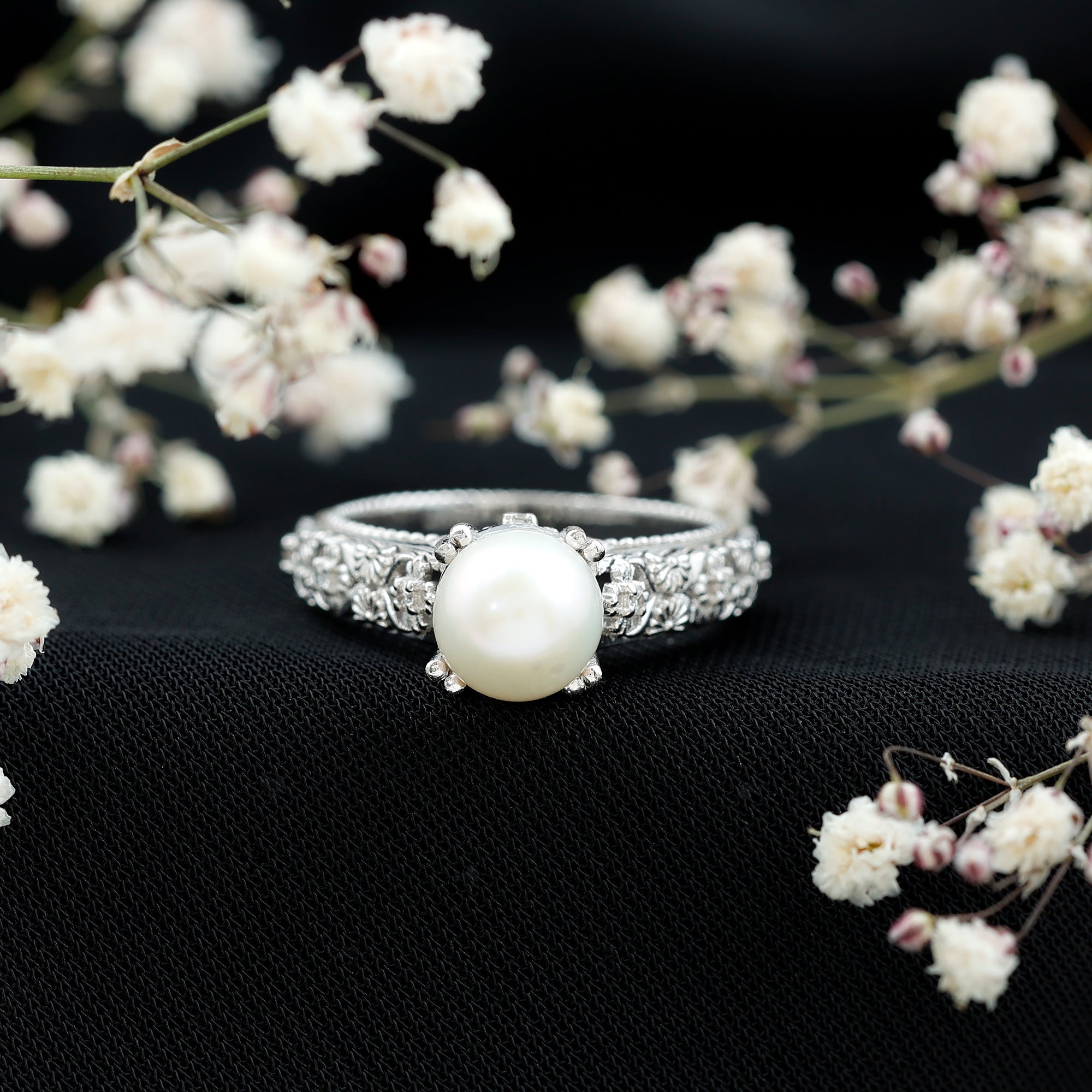Nature Inspired 7.4 Carat Freshwater Pearl Diamond Engagement Ring AAA - Rosec Jewels