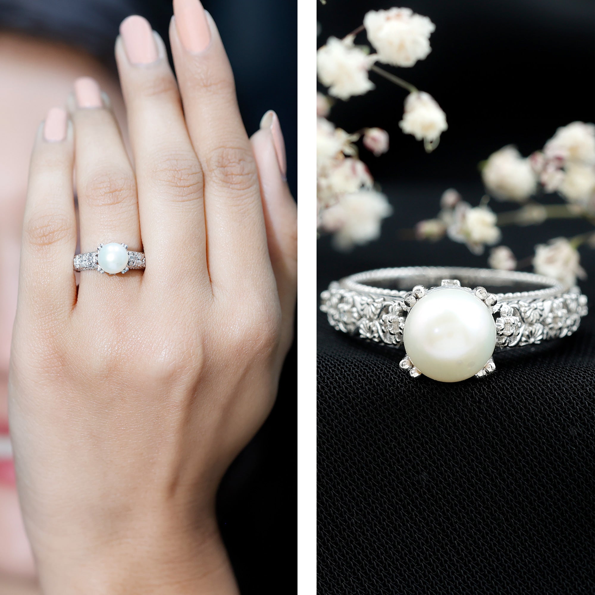 Nature Inspired 7.4 Carat Freshwater Pearl Diamond Engagement Ring AAA - Rosec Jewels