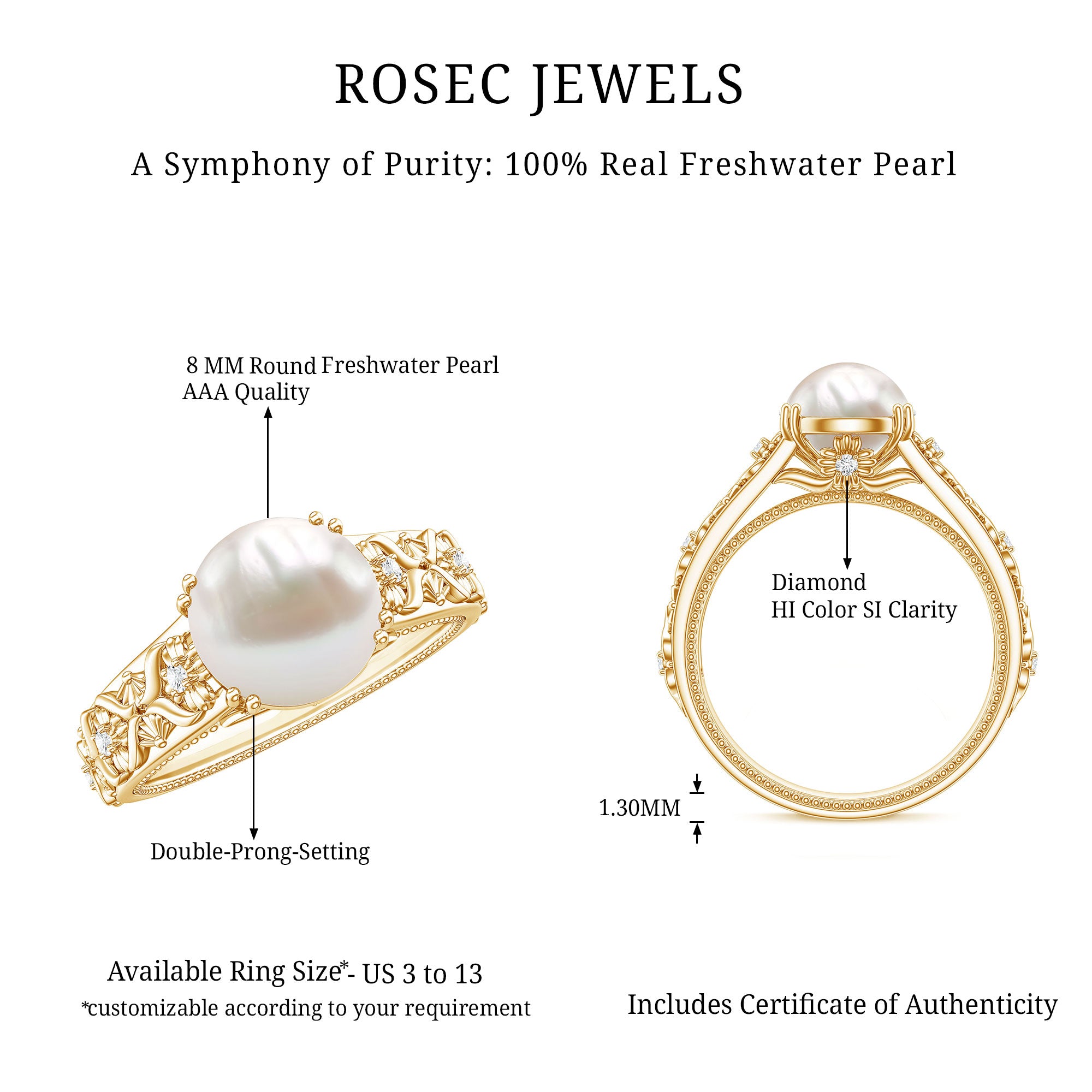 Nature Inspired 7.4 Carat Freshwater Pearl Diamond Engagement Ring AAA - Rosec Jewels