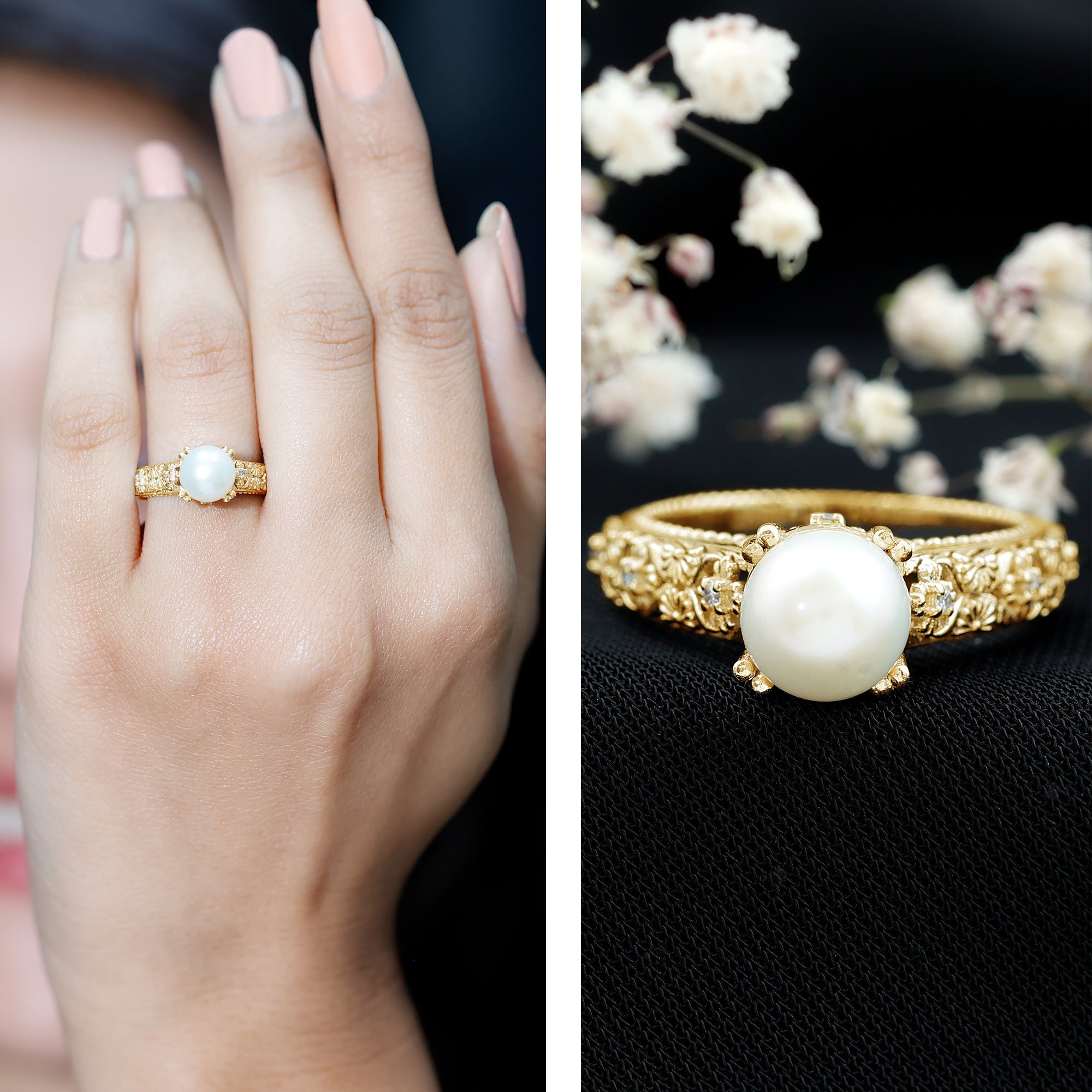 Nature Inspired 7.4 Carat Freshwater Pearl Diamond Engagement Ring AAA - Rosec Jewels