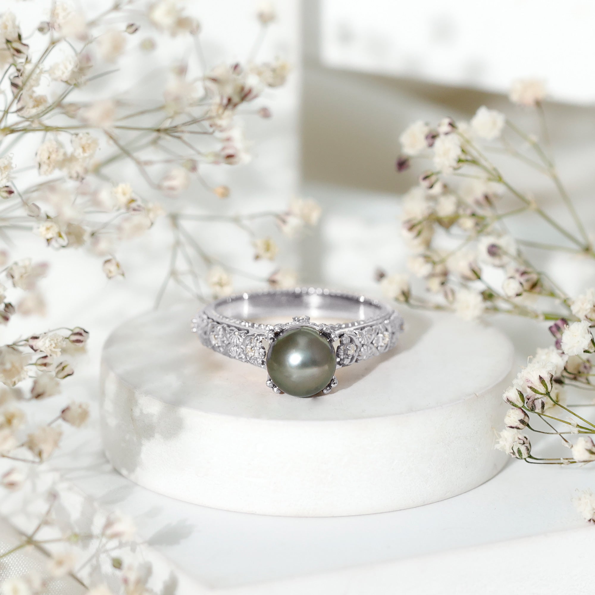 Rosec Jewels-Vintage Tahitian Pearl Solitaire Engagement Ring with Diamond