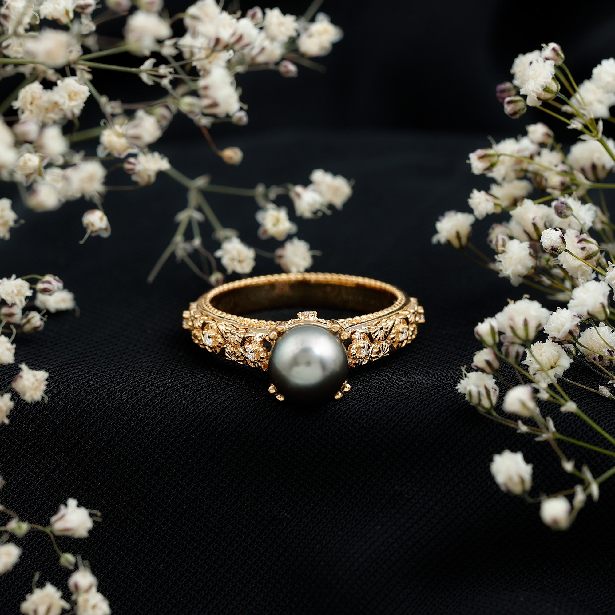 Rosec Jewels-Vintage Tahitian Pearl Solitaire Engagement Ring with Diamond