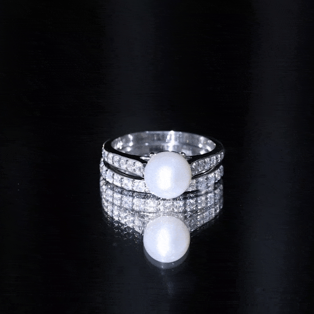 Rosec Jewels-Natural White Pearl Wedding Bridal Ring Set with Moissanite