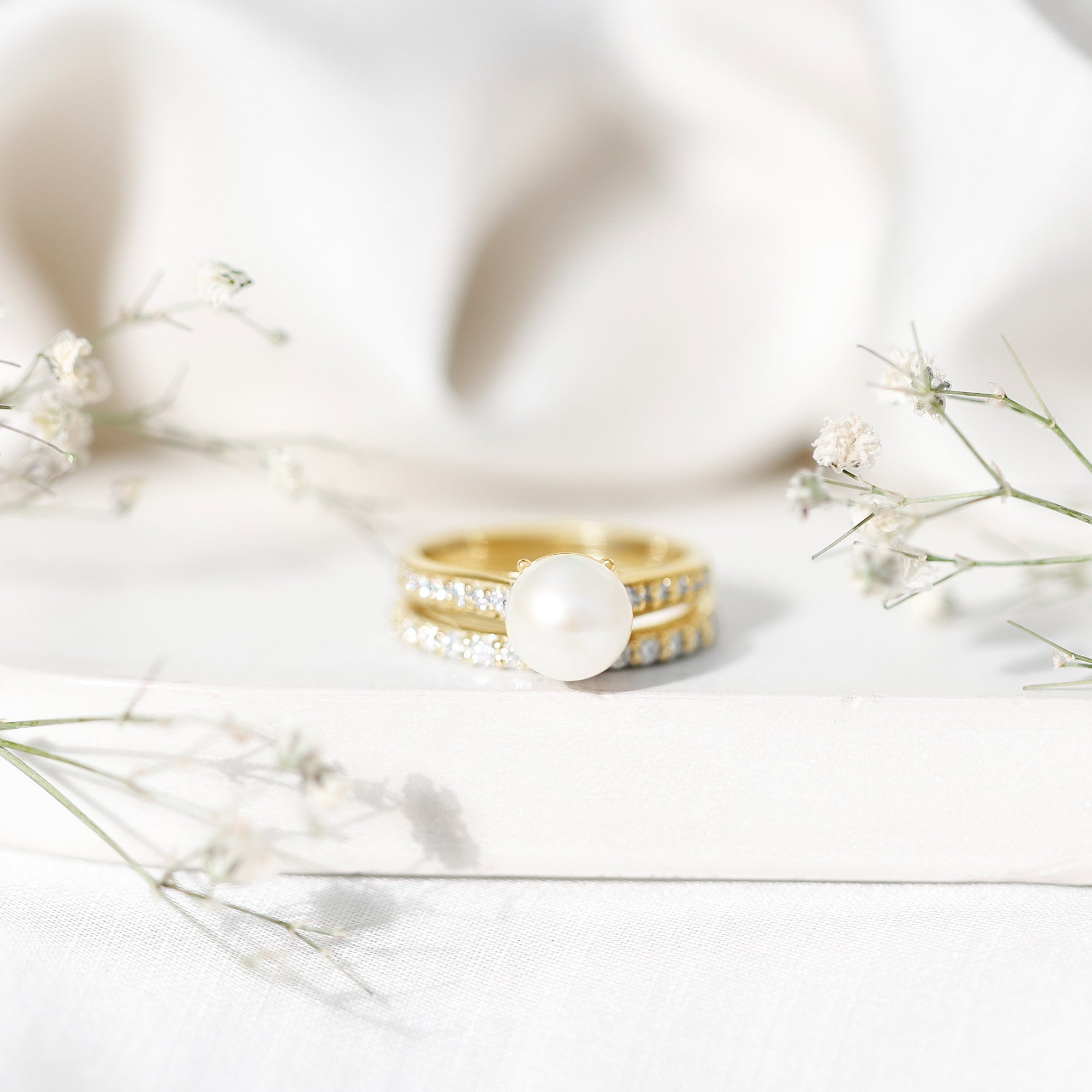 Natural White Pearl Wedding Bridal Ring Set with Moissanite AAA - Rosec Jewels