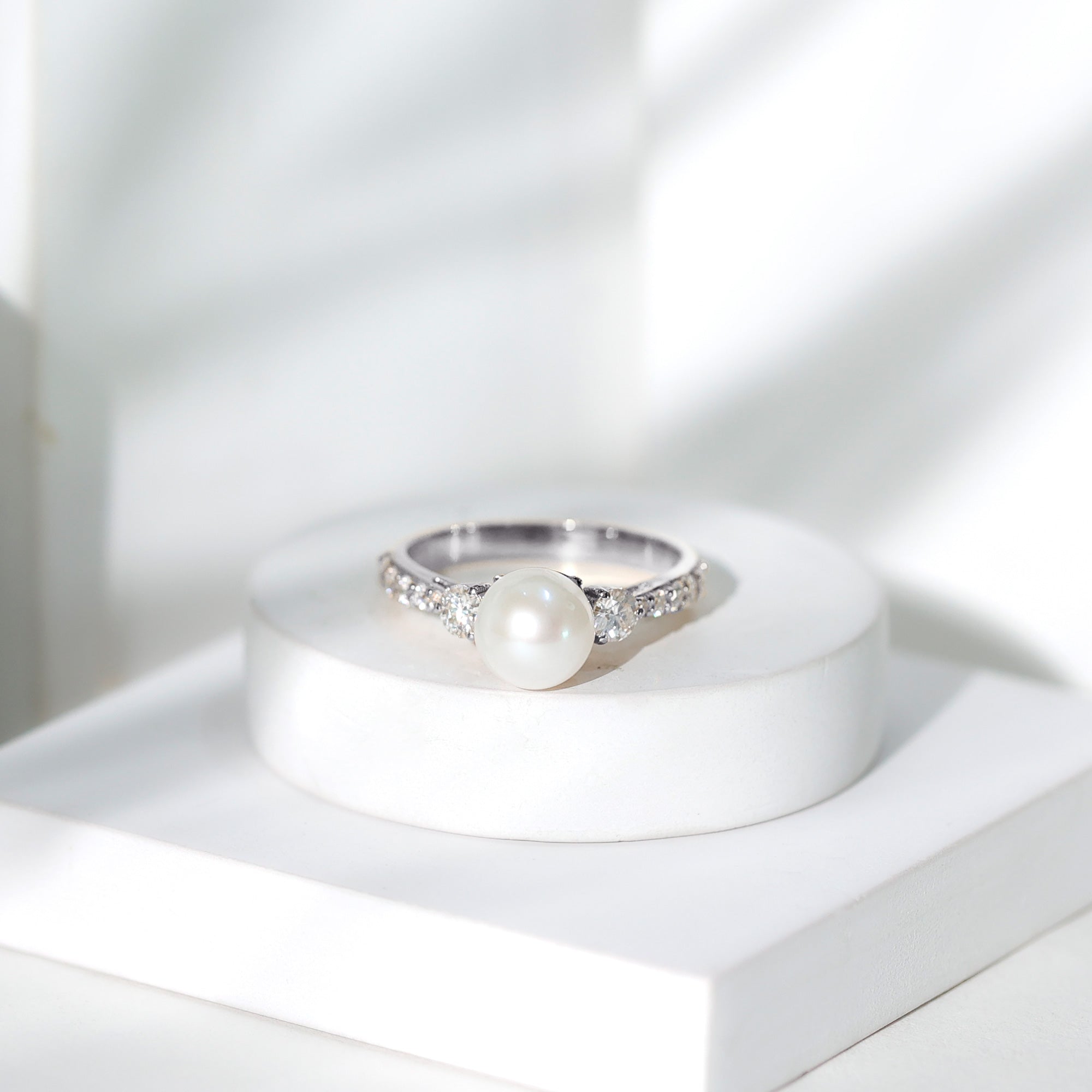 Rosec Jewels-Cultured 7.4 Carat Freshwater Pearl Engagement Ring with Moissanite