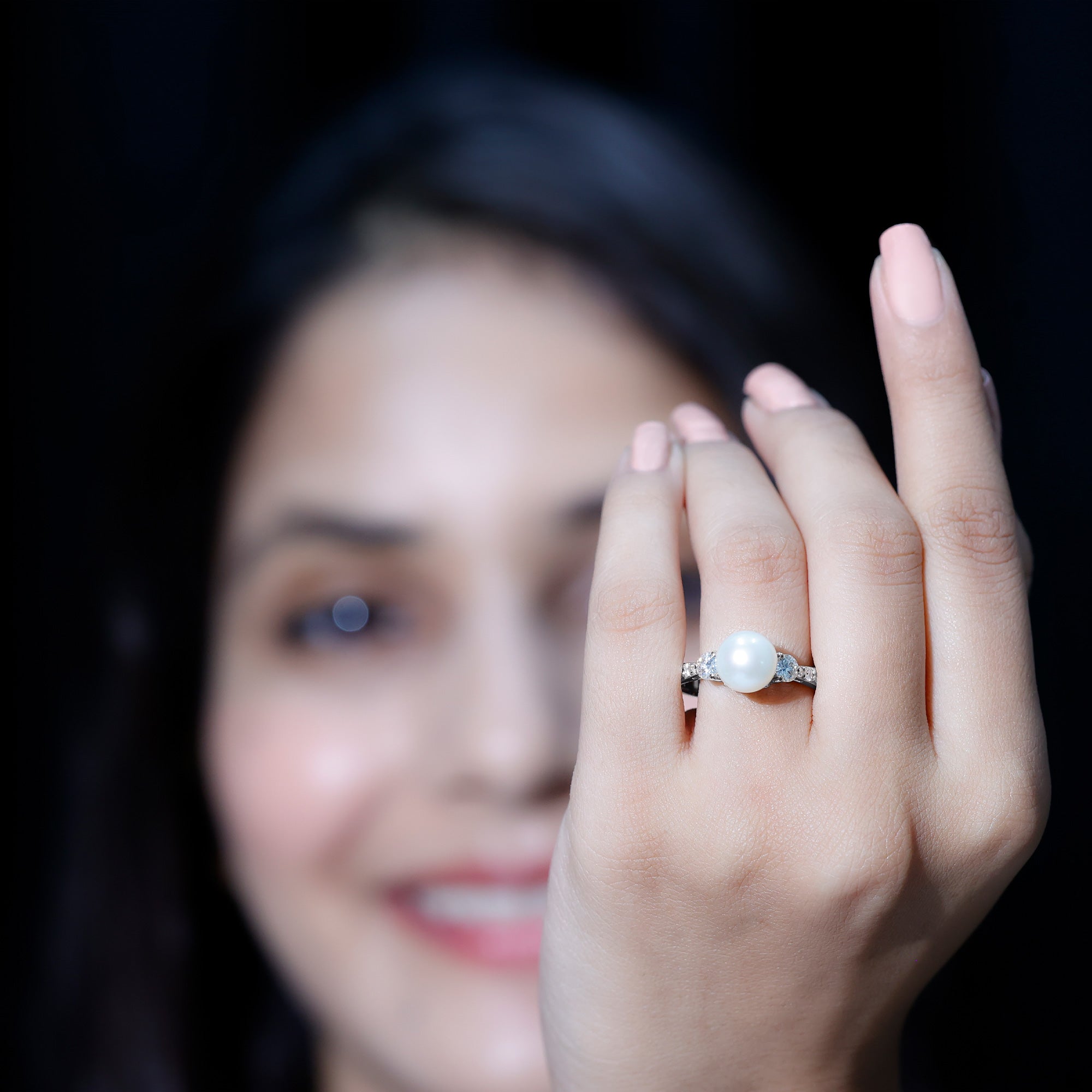 Rosec Jewels-Cultured 7.4 Carat Freshwater Pearl Engagement Ring with Moissanite