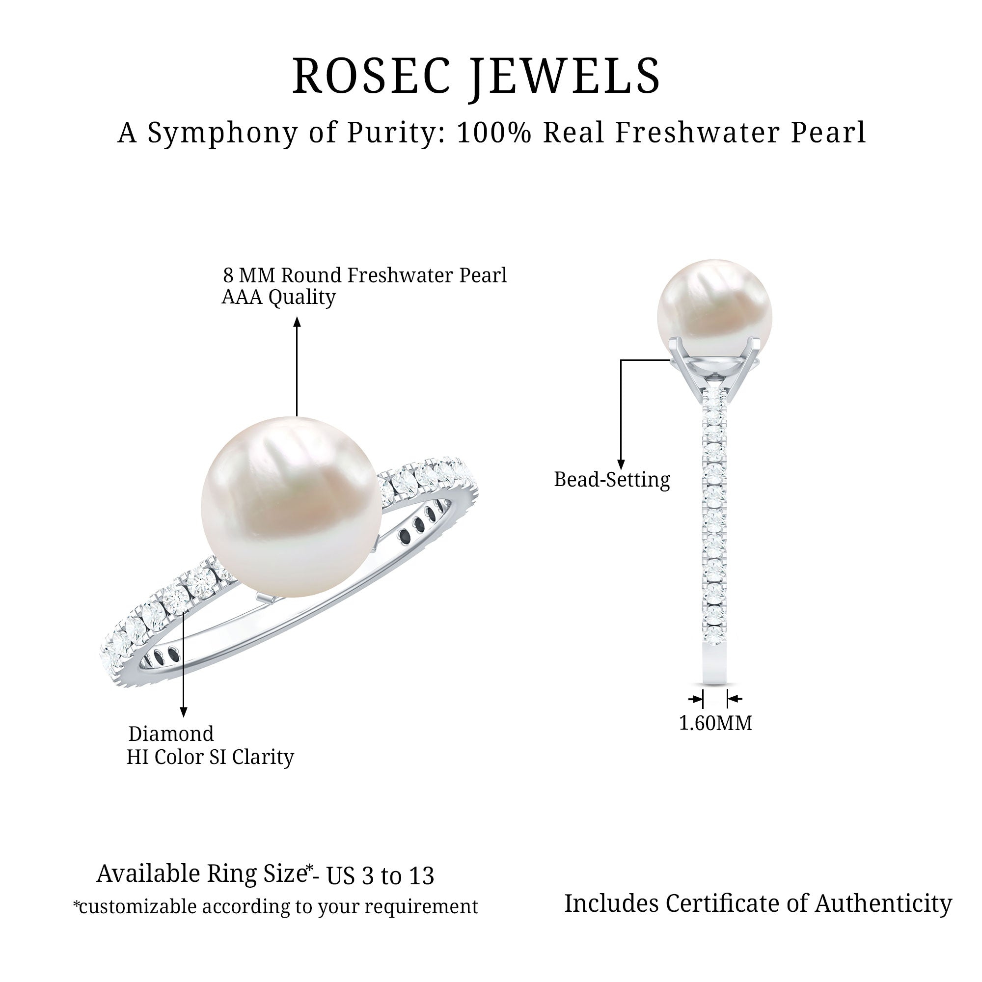7.4 Carat Freshwater Pearl Solitaire Engagement Ring with Diamond AAA - Rosec Jewels