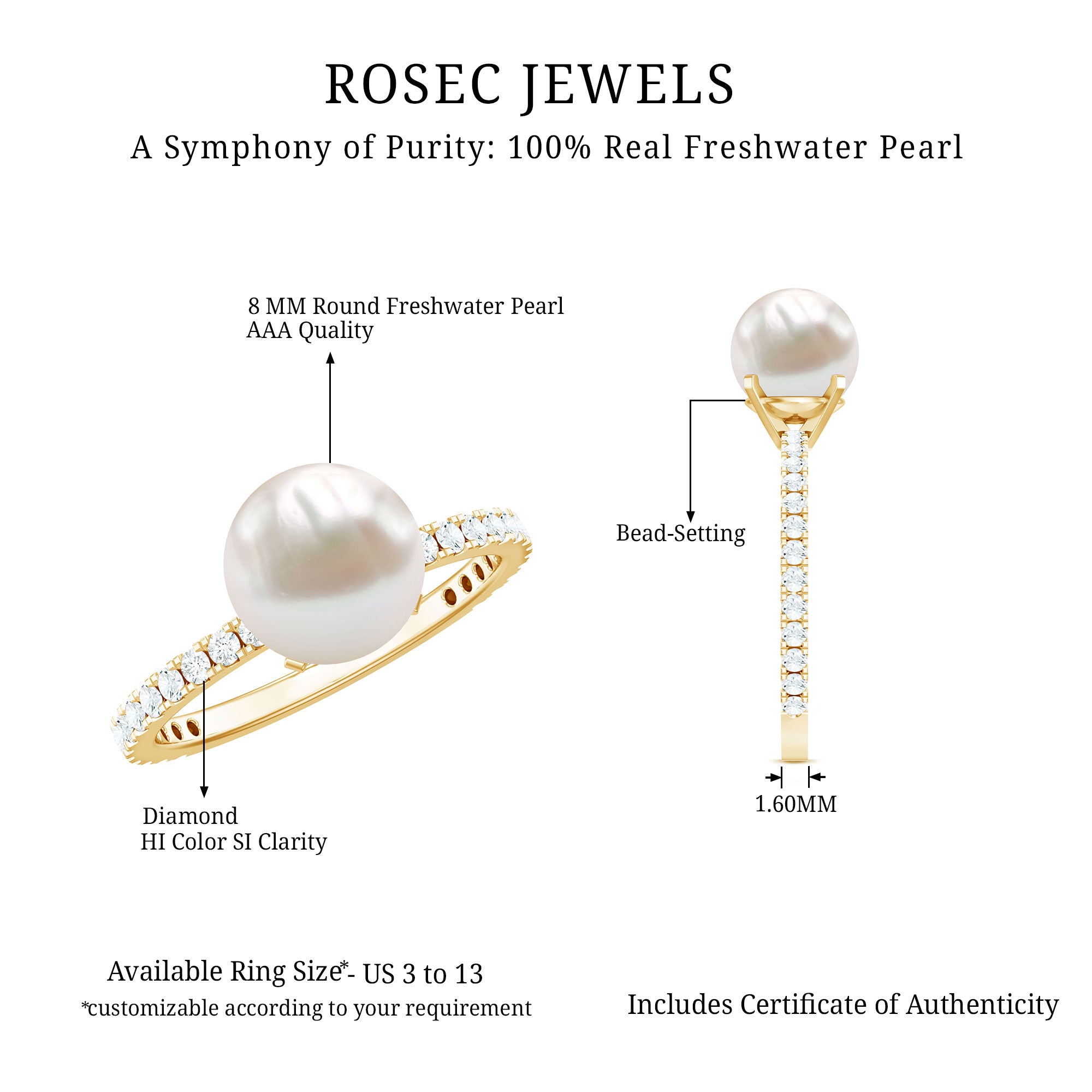 7.4 Carat Freshwater Pearl Solitaire Engagement Ring with Diamond AAA - Rosec Jewels