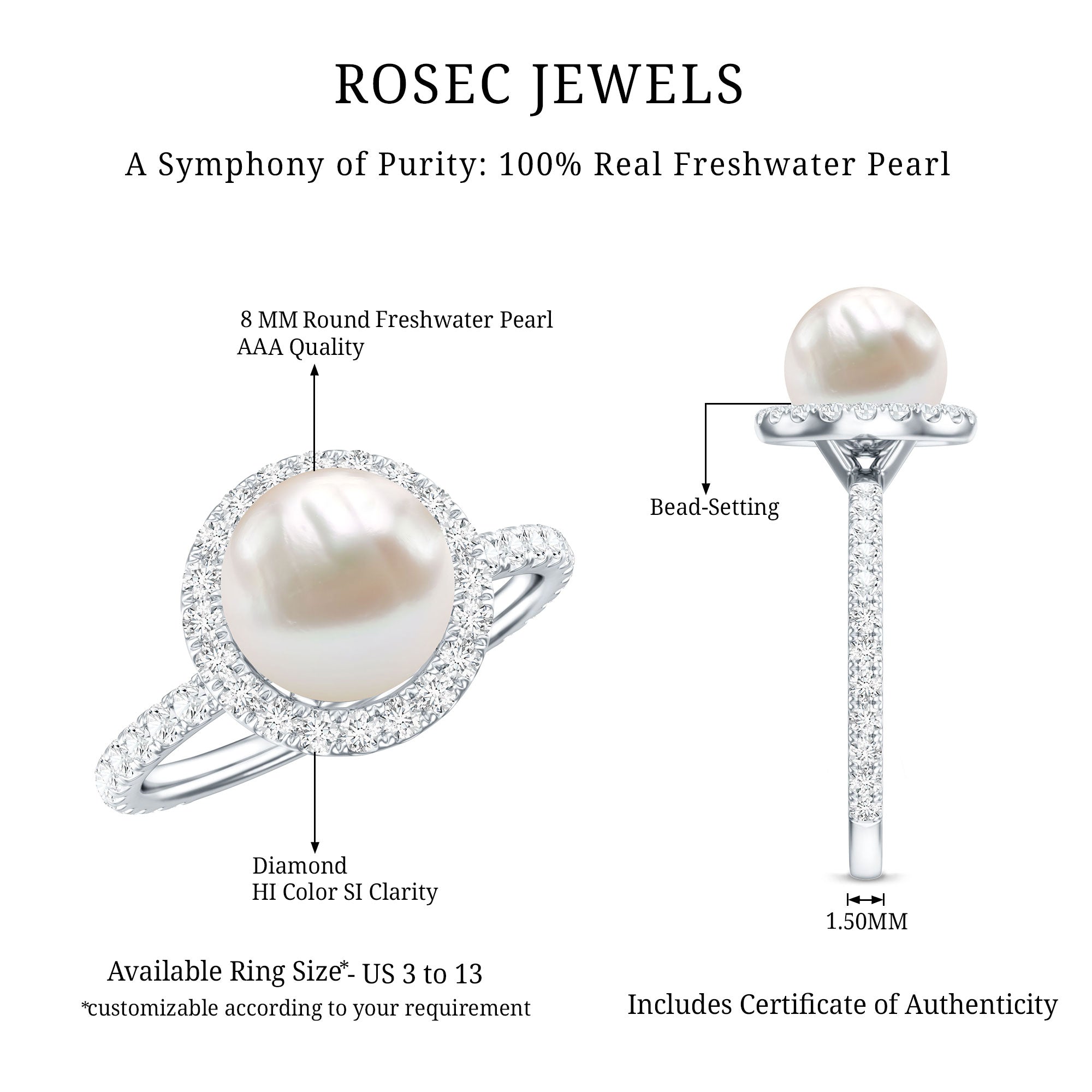Cultured 7.4 Carat Freshwater Pearl Diamond Engagement Ring with Halo AAA - Rosec Jewels