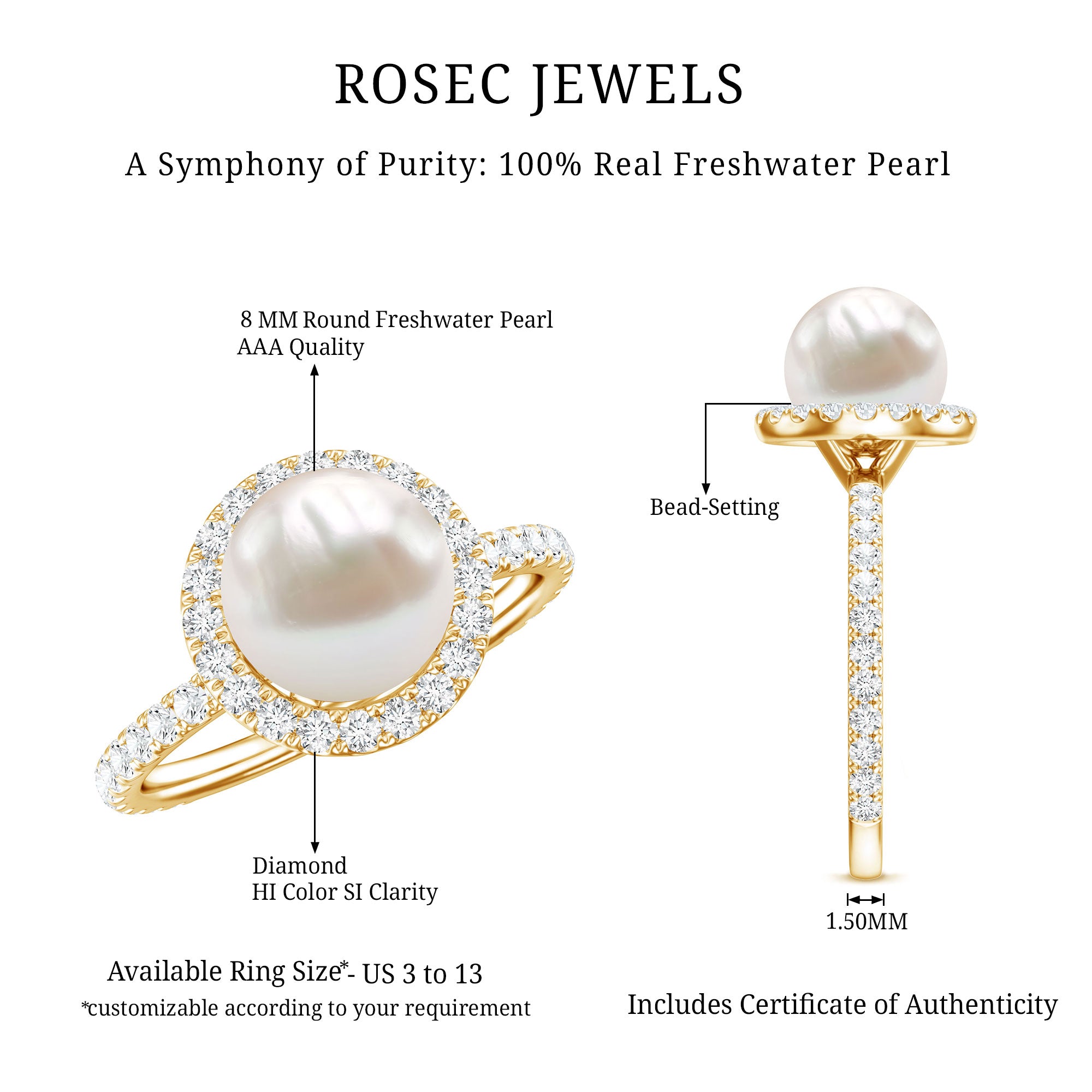 Cultured 7.4 Carat Freshwater Pearl Diamond Engagement Ring with Halo AAA - Rosec Jewels