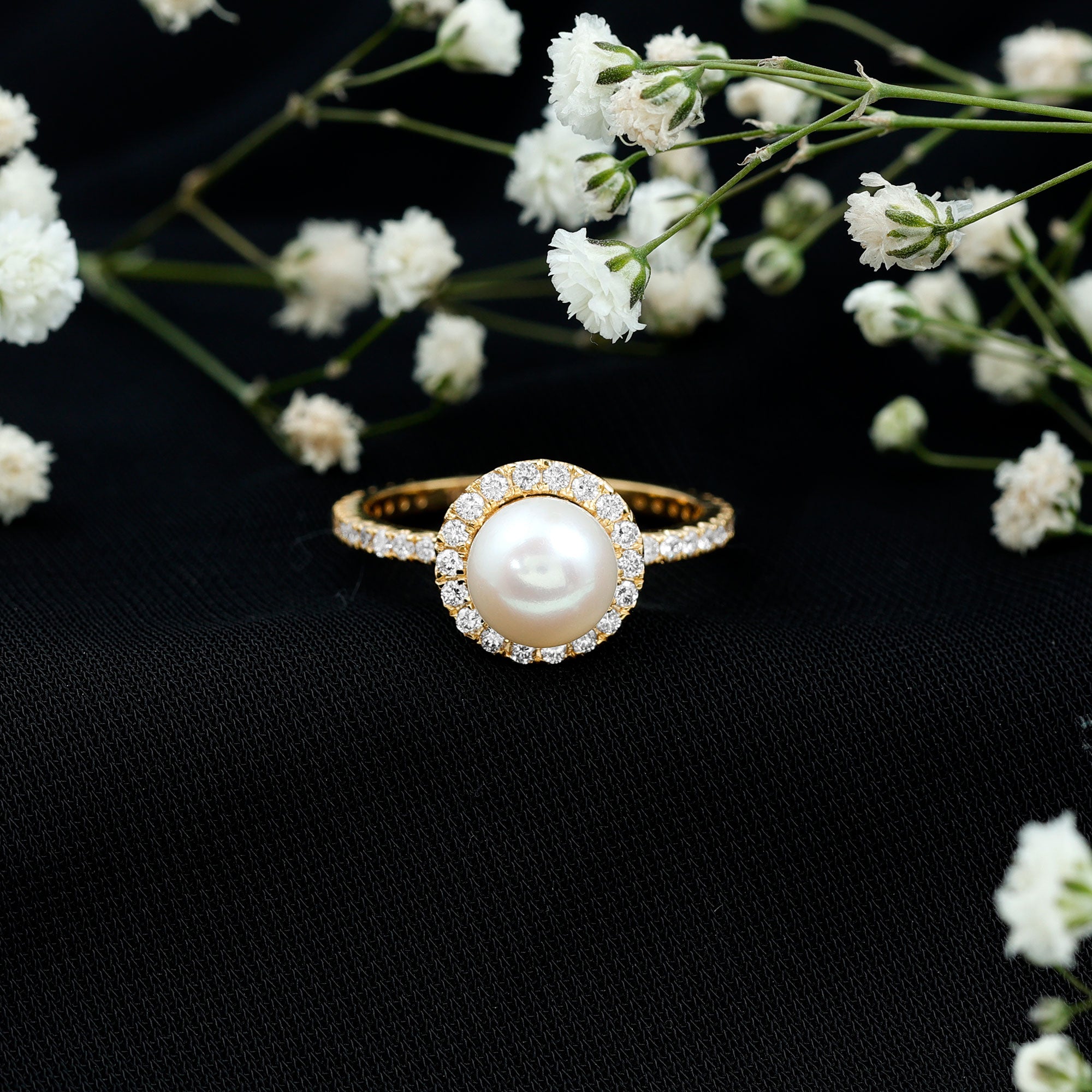 Cultured 7.4 Carat Freshwater Pearl Diamond Engagement Ring with Halo AAA - Rosec Jewels