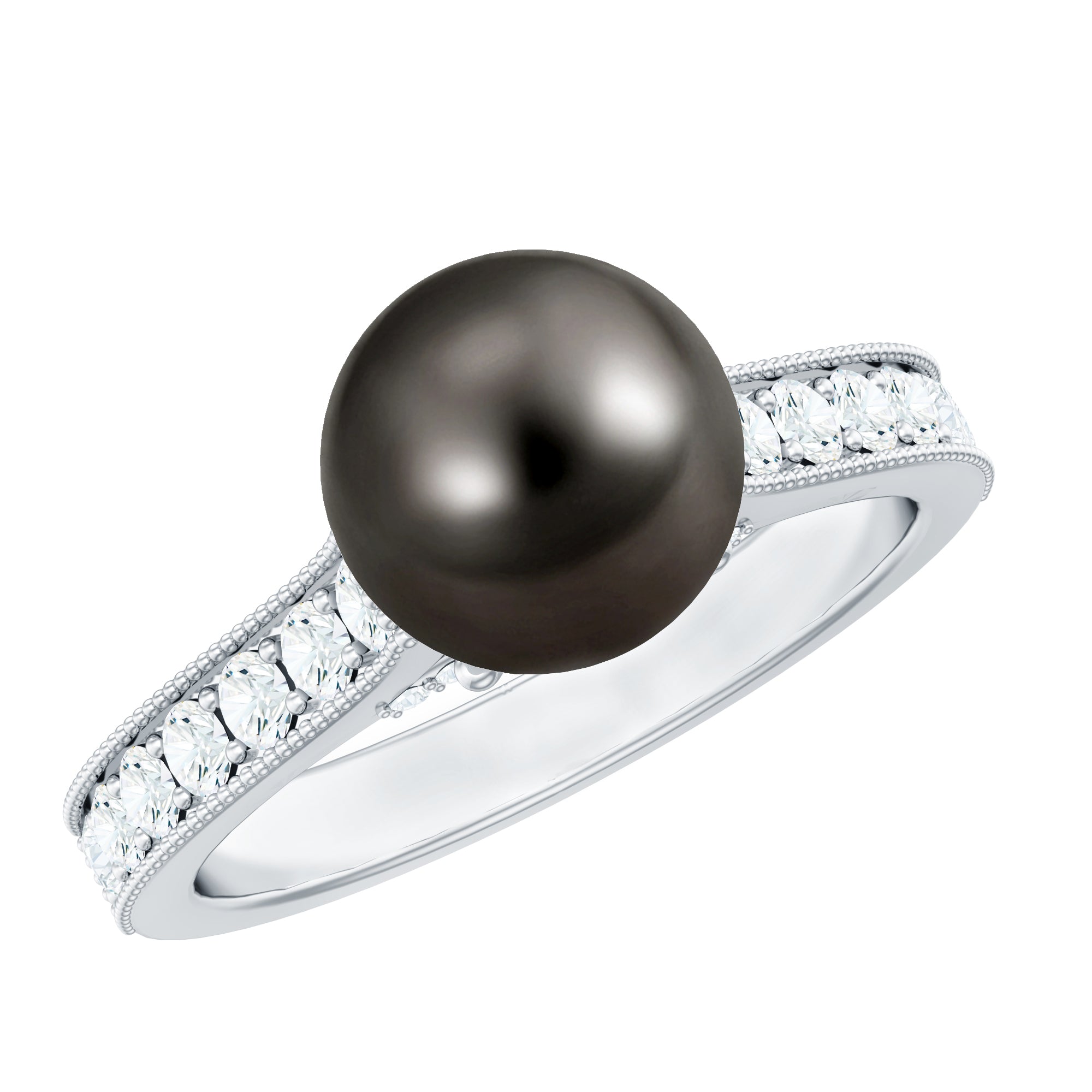 Round Tahitian Pearl Solitaire Ring with Diamond Side Stones