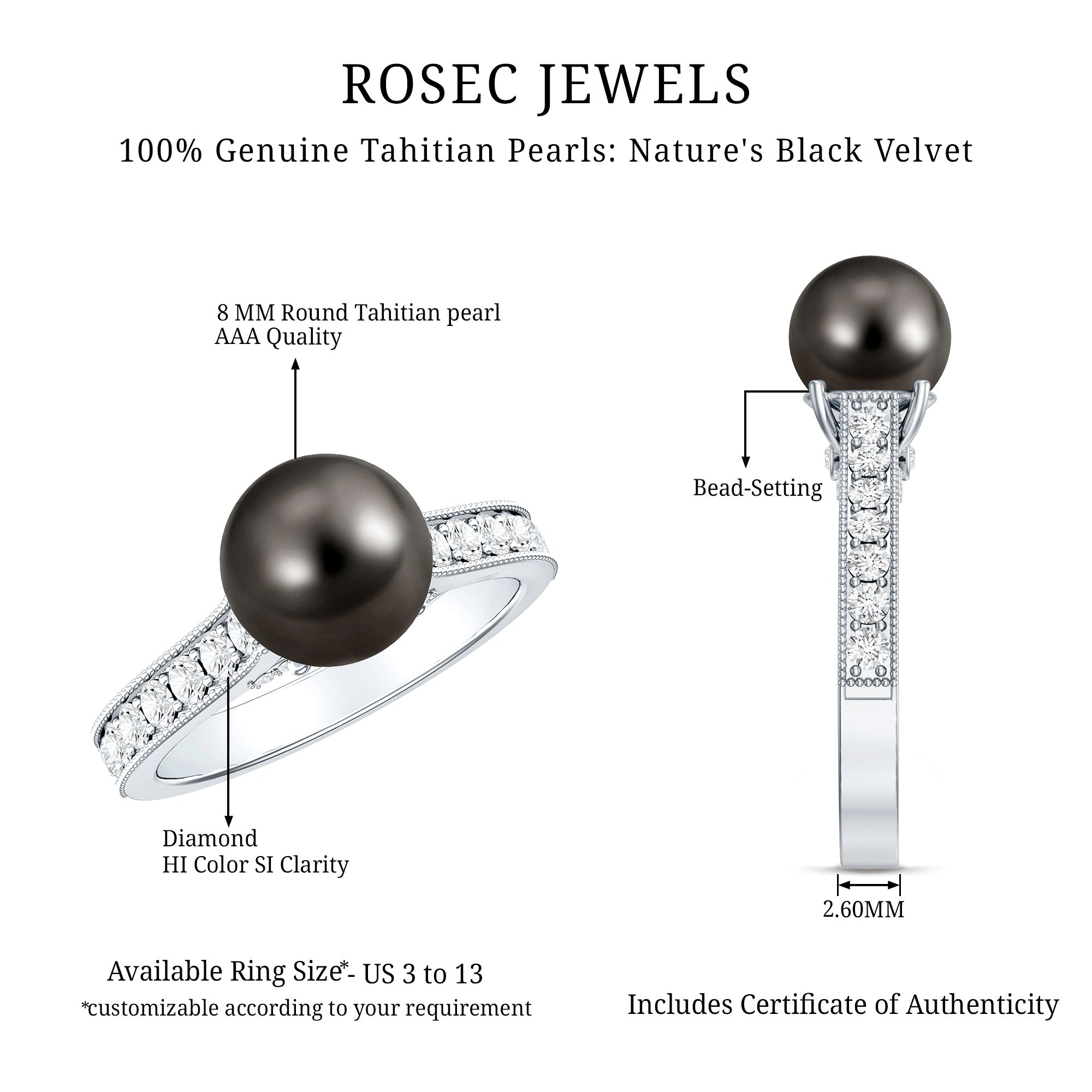 Natural Tahitian Pearl Cathedral Engagement Ring with Diamond Side Stones AAA - Rosec Jewels