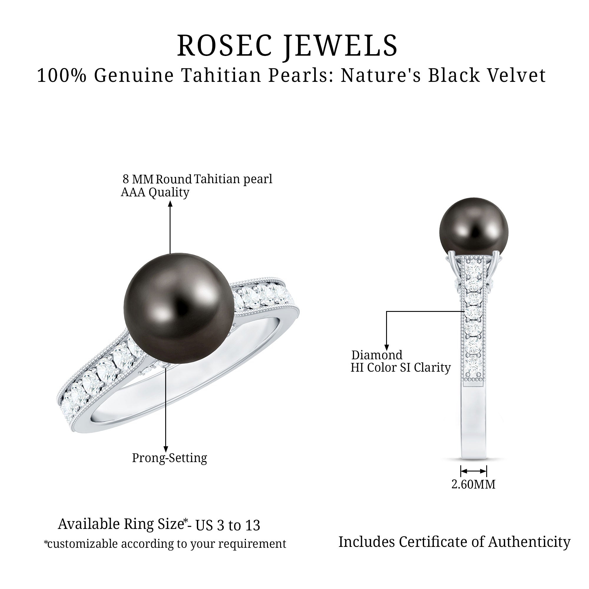 Natural Tahitian Pearl Cathedral Engagement Ring with Diamond Side Stones AAA - Rosec Jewels