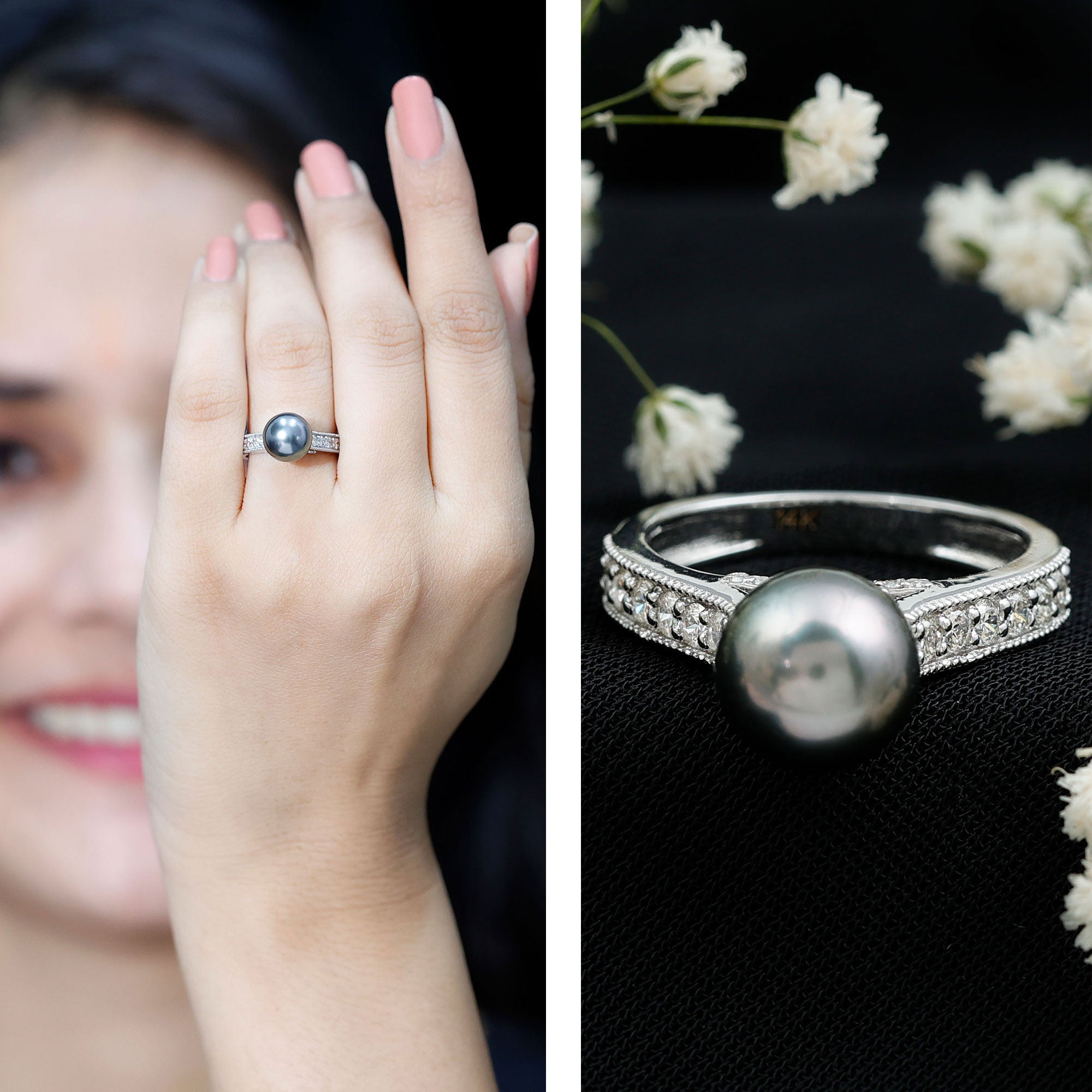 Natural Tahitian Pearl Cathedral Engagement Ring with Diamond Side Stones AAA - Rosec Jewels