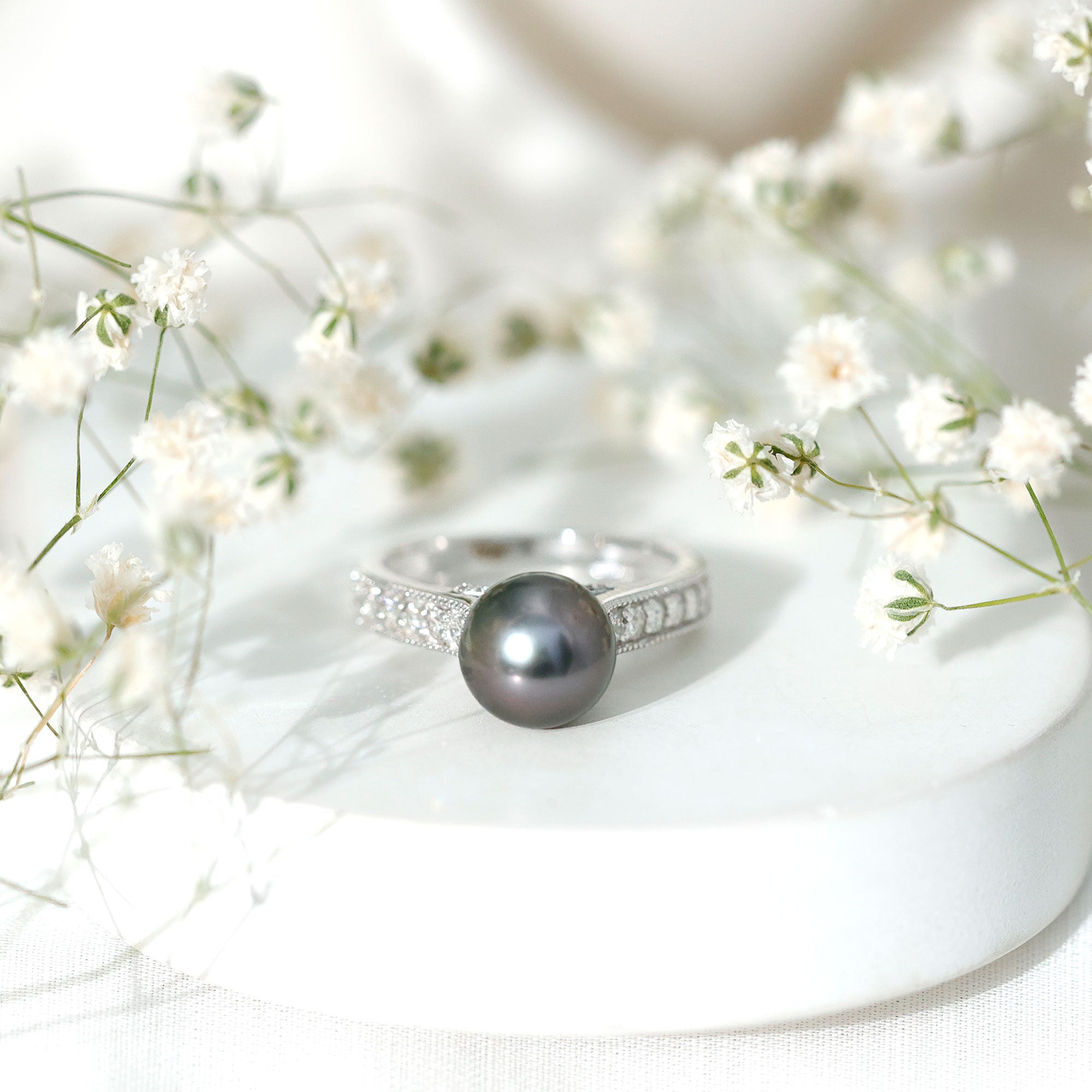 Natural Tahitian Pearl Cathedral Engagement Ring with Diamond Side Stones AAA - Rosec Jewels
