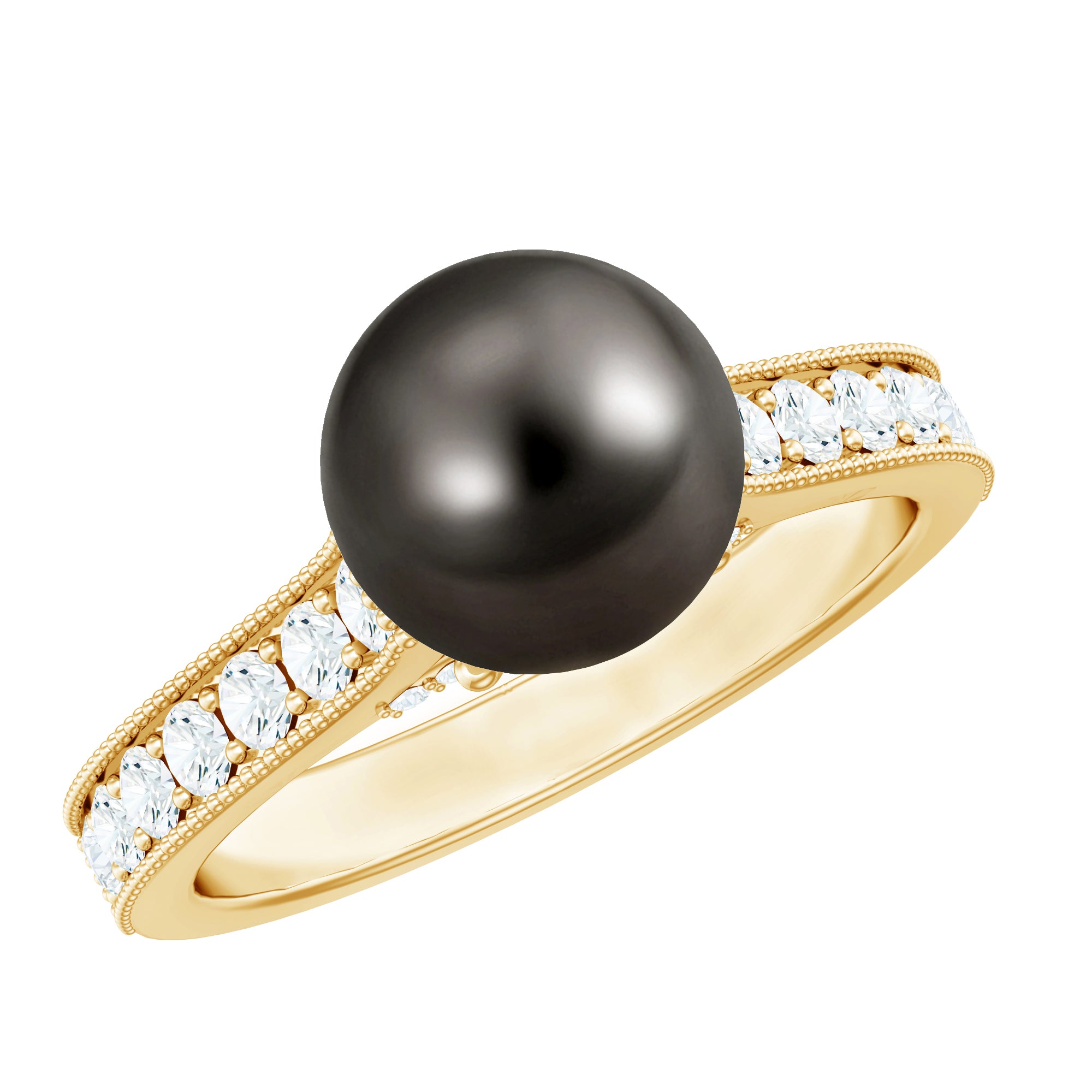 Natural Tahitian Pearl Cathedral Engagement Ring with Diamond Side Stones AAA - Rosec Jewels
