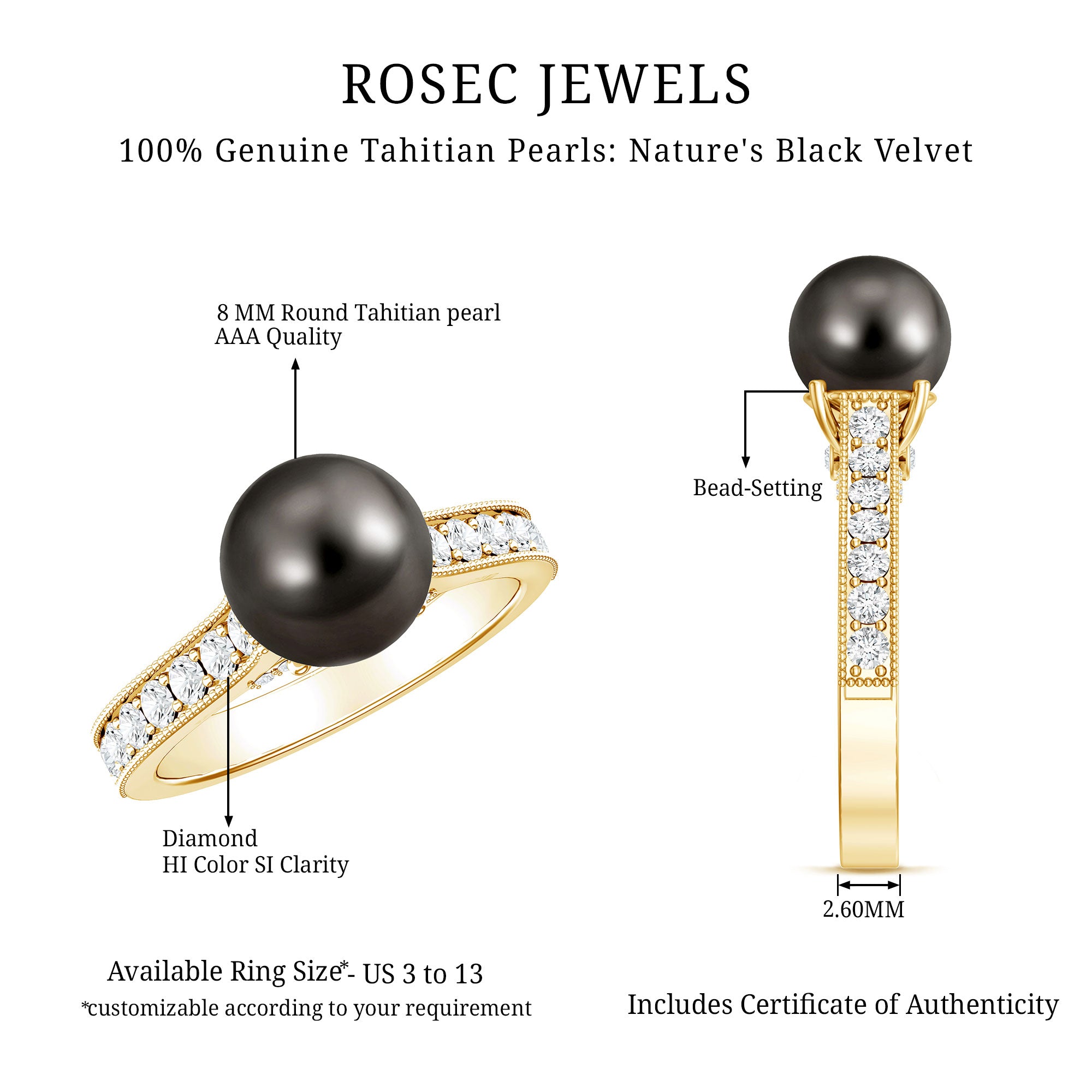 Natural Tahitian Pearl Cathedral Engagement Ring with Diamond Side Stones AAA - Rosec Jewels