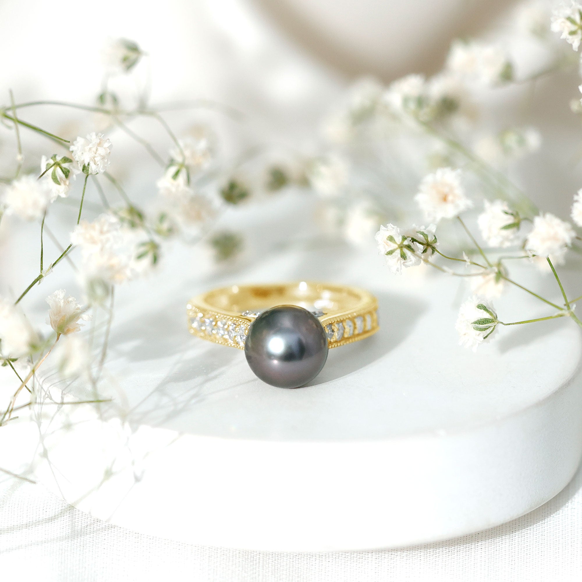 Natural Tahitian Pearl Cathedral Engagement Ring with Diamond Side Stones AAA - Rosec Jewels