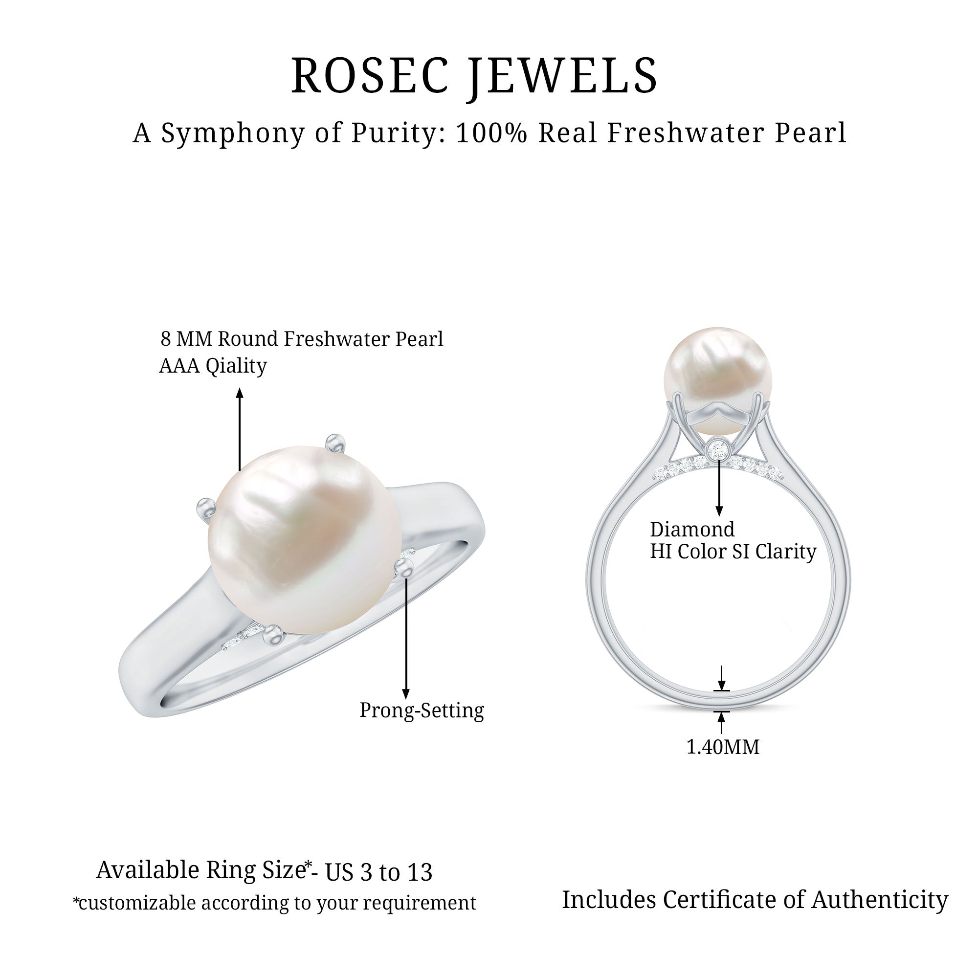 Freshwater Pearl Solitaire with Diamond Ring AAA - Rosec Jewels