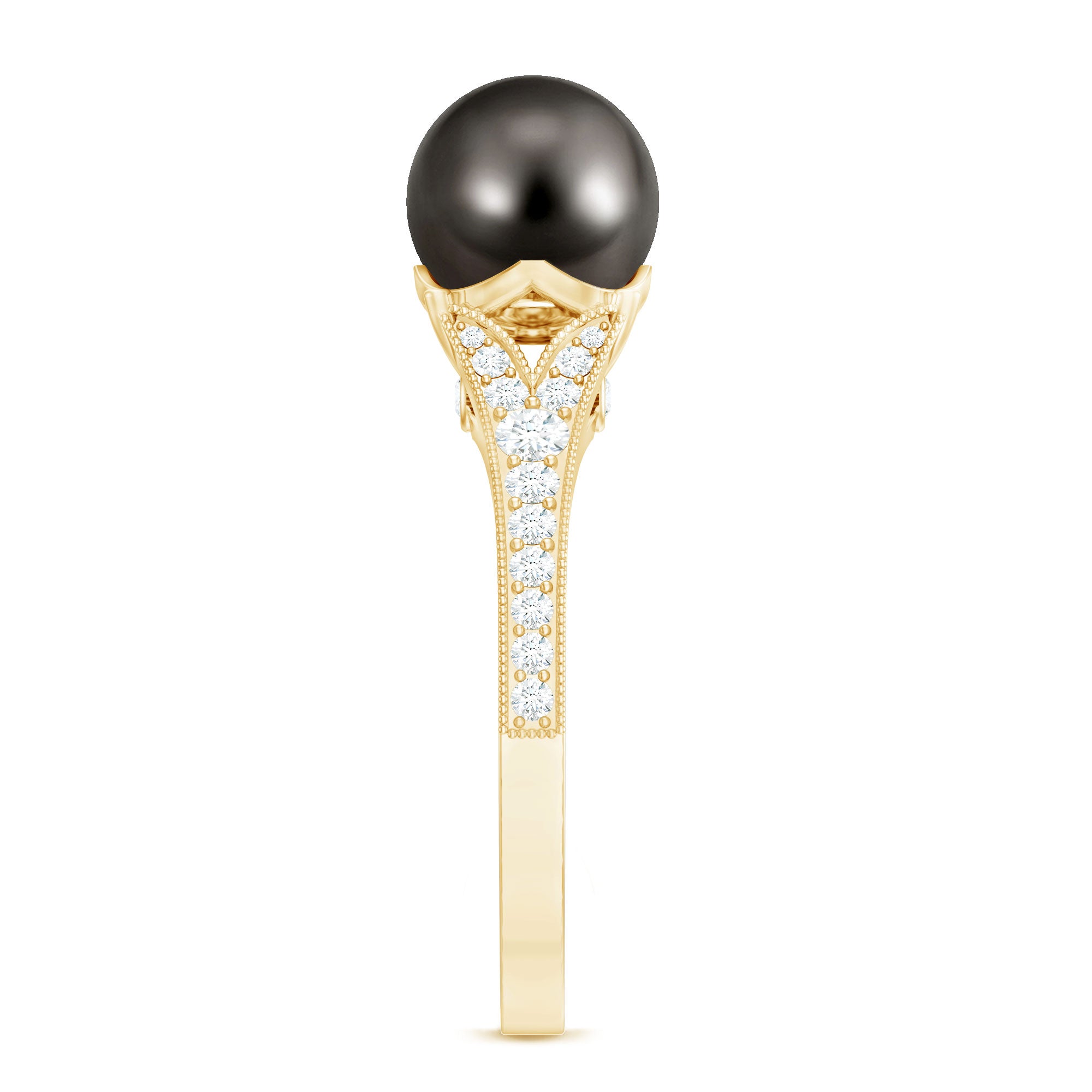 8 CT Tahitian Black Pearl Cathedral Engagement Ring with Diamonds AAA - Rosec Jewels