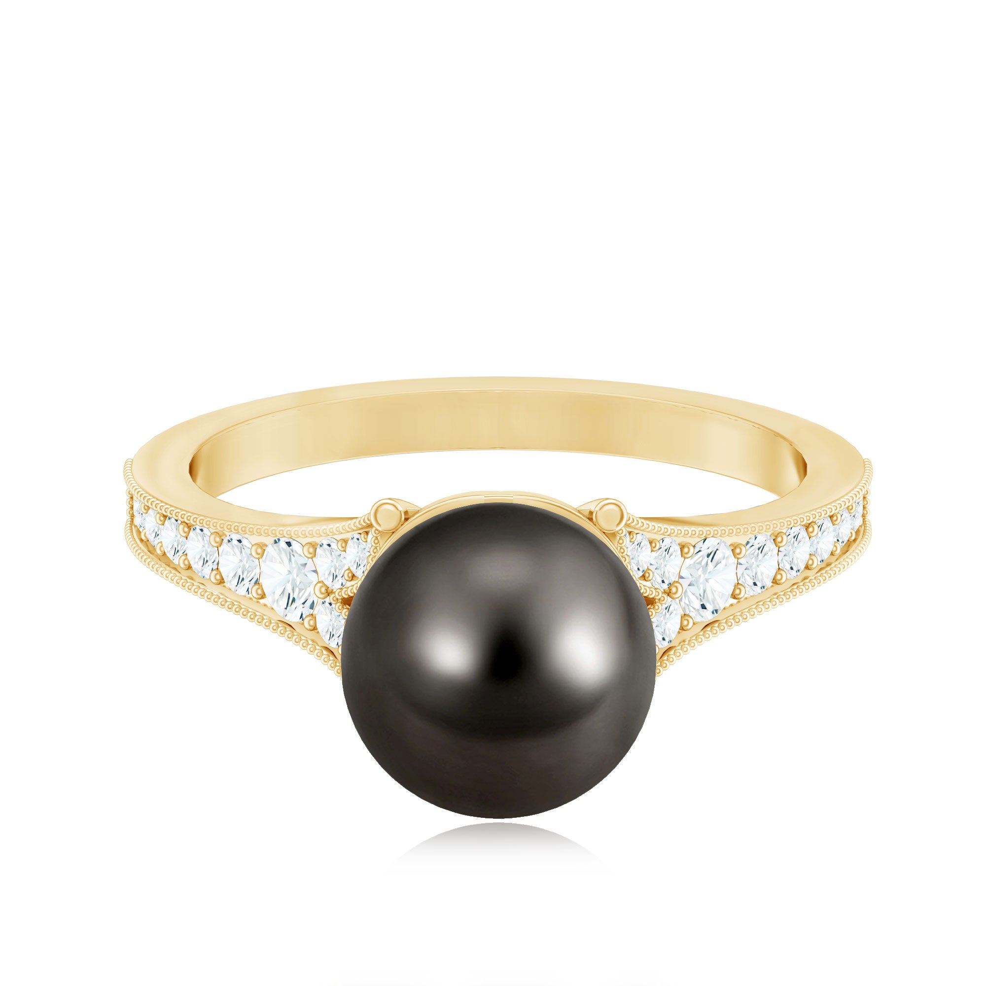8 CT Tahitian Black Pearl Cathedral Engagement Ring with Diamonds AAA - Rosec Jewels