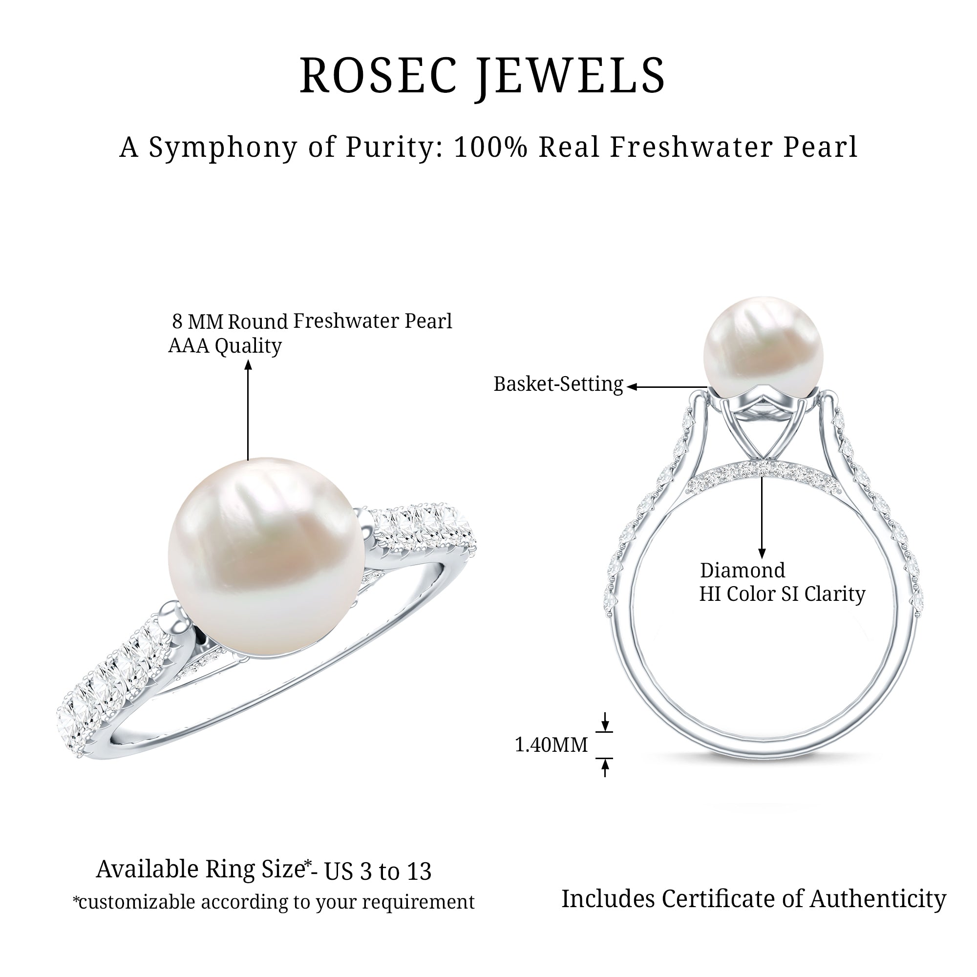 Cultured 7.4 Carat Freshwater Pearl Engagement Ring with Diamond AAA - Rosec Jewels