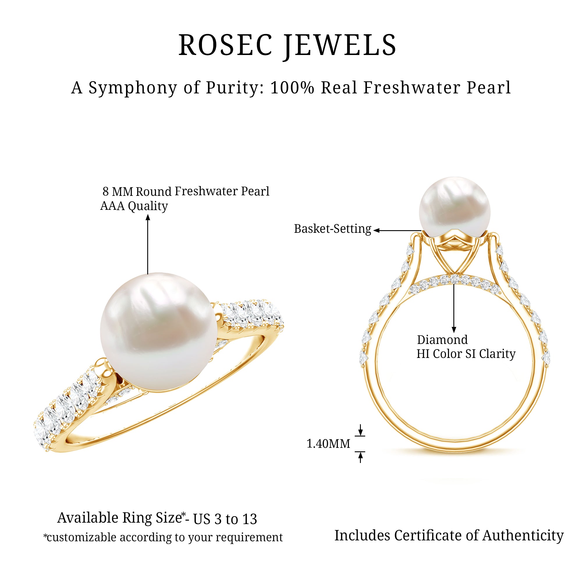Cultured 7.4 Carat Freshwater Pearl Engagement Ring with Diamond AAA - Rosec Jewels