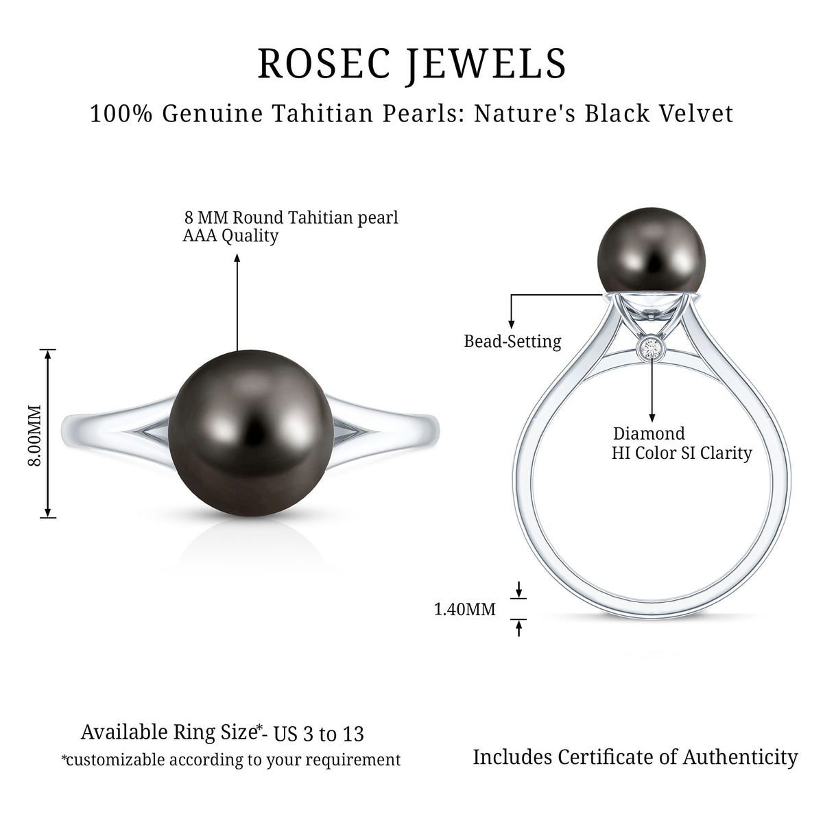 7.5 Carat Tahitian Black Pearl Engagement Ring with Split Shank AAA - Rosec Jewels