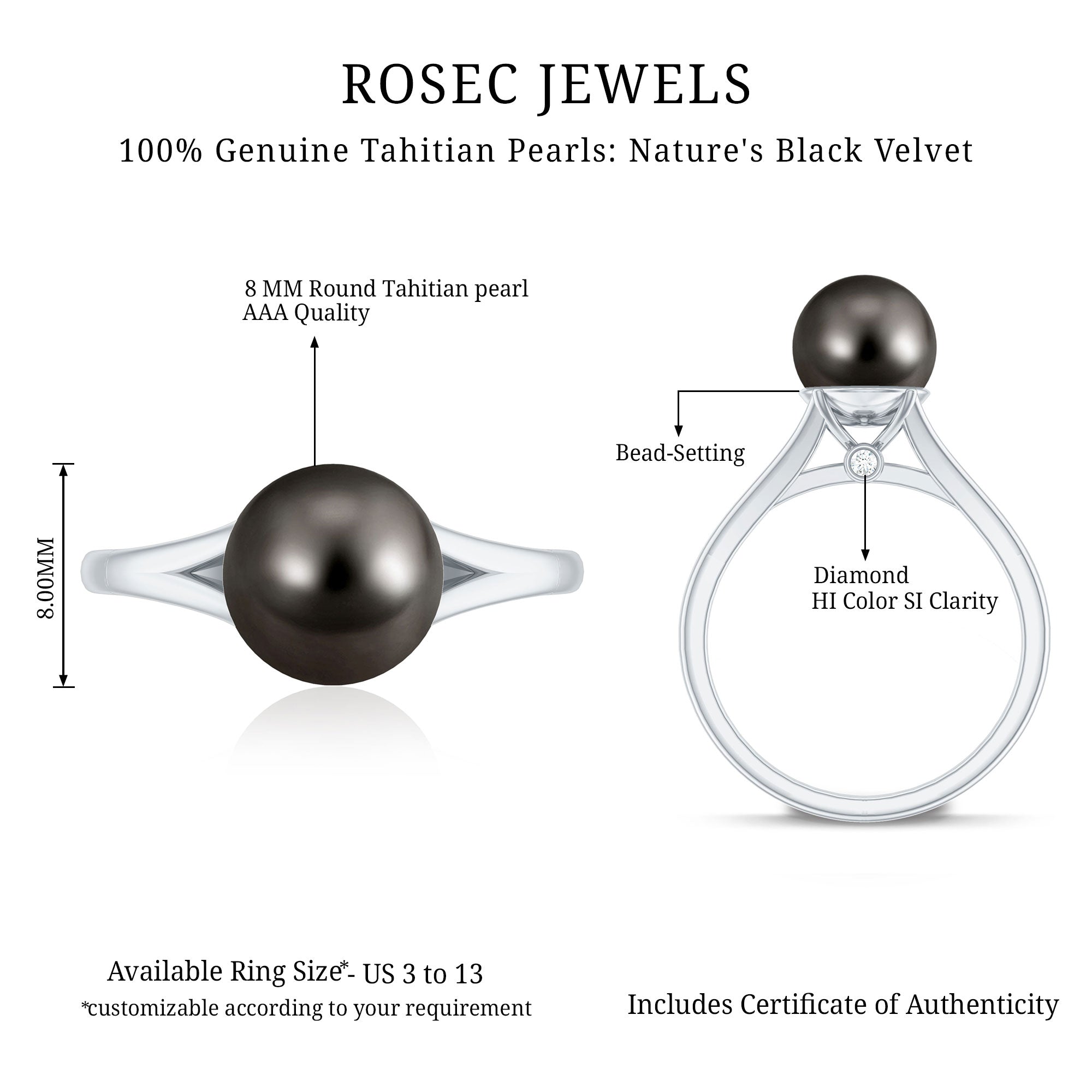 Genuine 8 Carat Tahitian Black Pearl Cathedral Engagement Ring with Split Shank AAA - Rosec Jewels