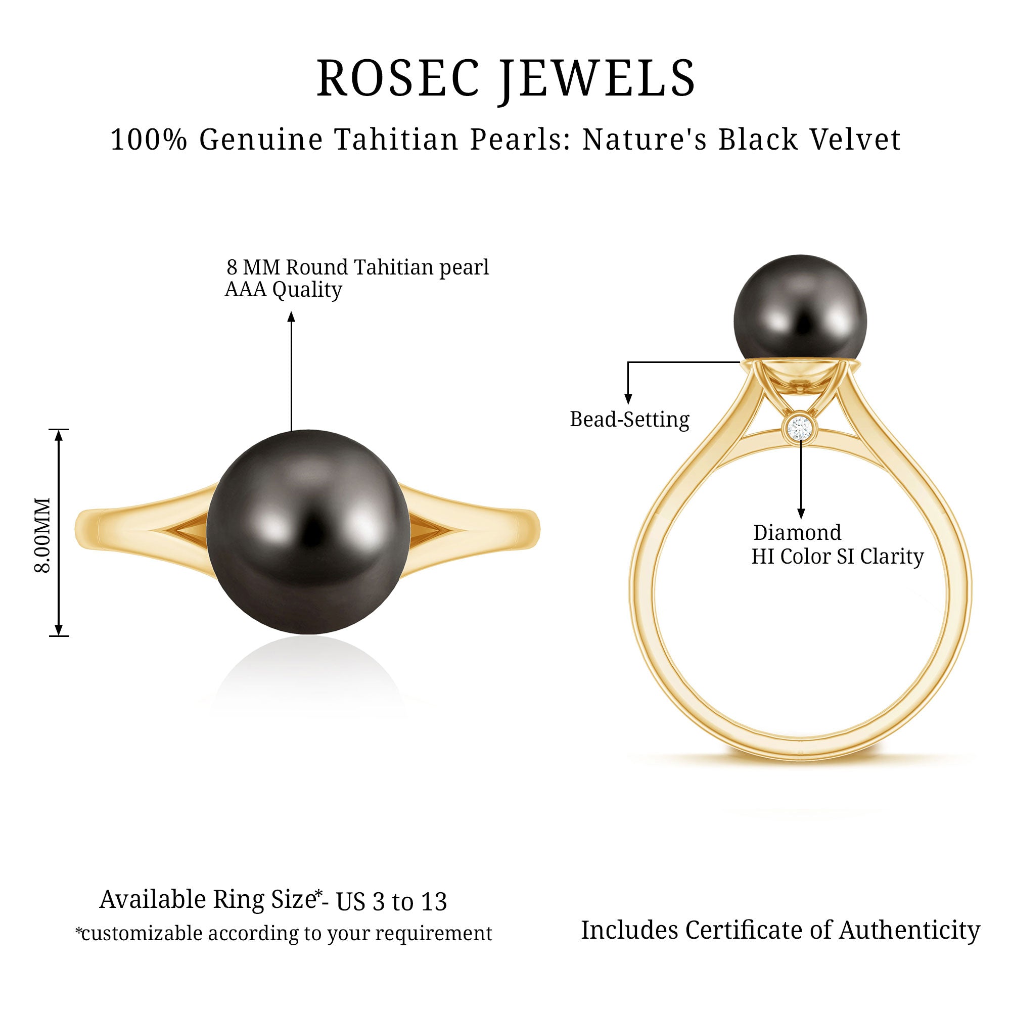 Genuine 8 Carat Tahitian Black Pearl Cathedral Engagement Ring with Split Shank AAA - Rosec Jewels