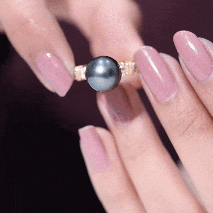 Genuine 8 Carat Black Pearl and Diamond Engagement Ring AAA - Rosec Jewels