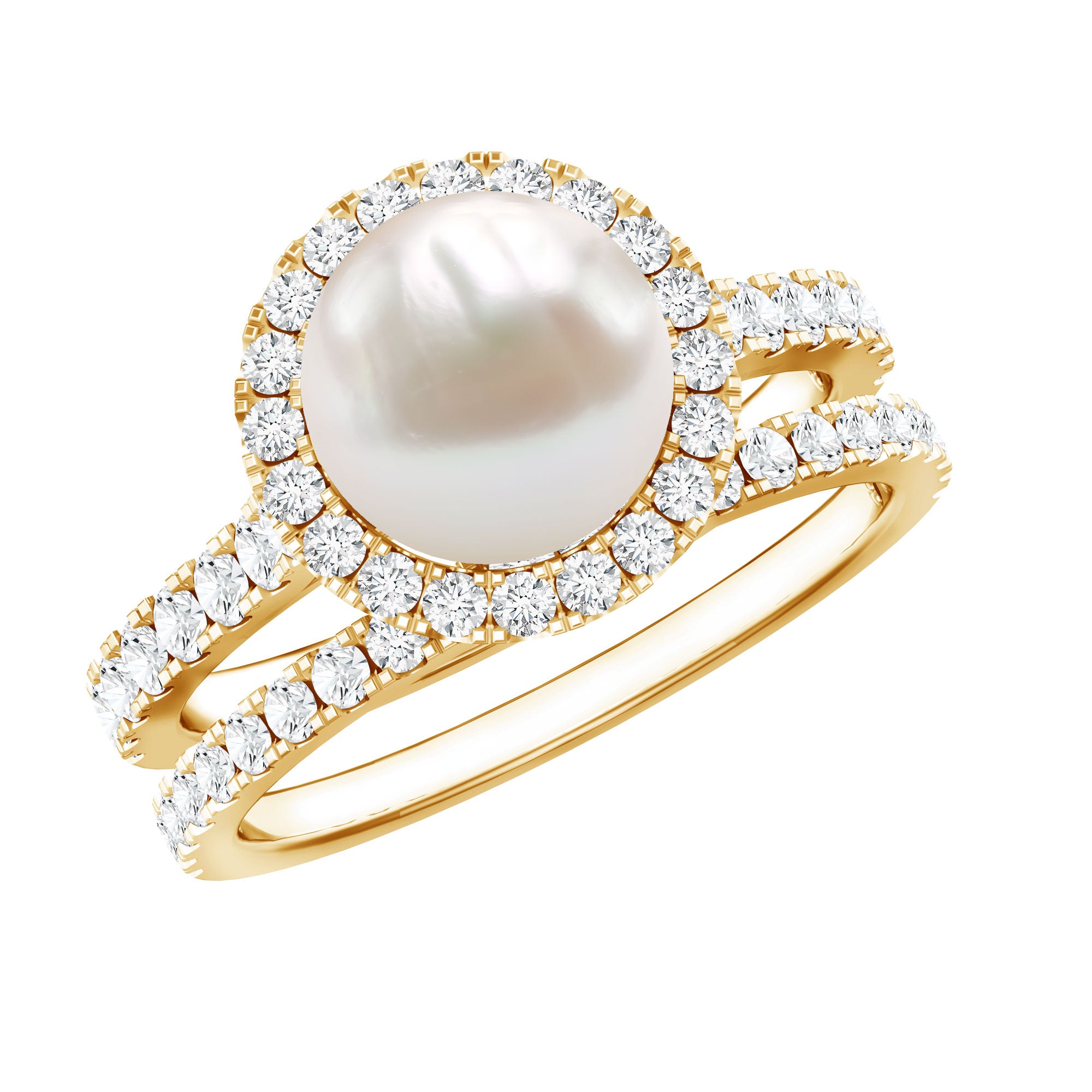 Round Freshwater Pearl and Moissanite Halo Wedding Ring Set AAA - Rosec Jewels
