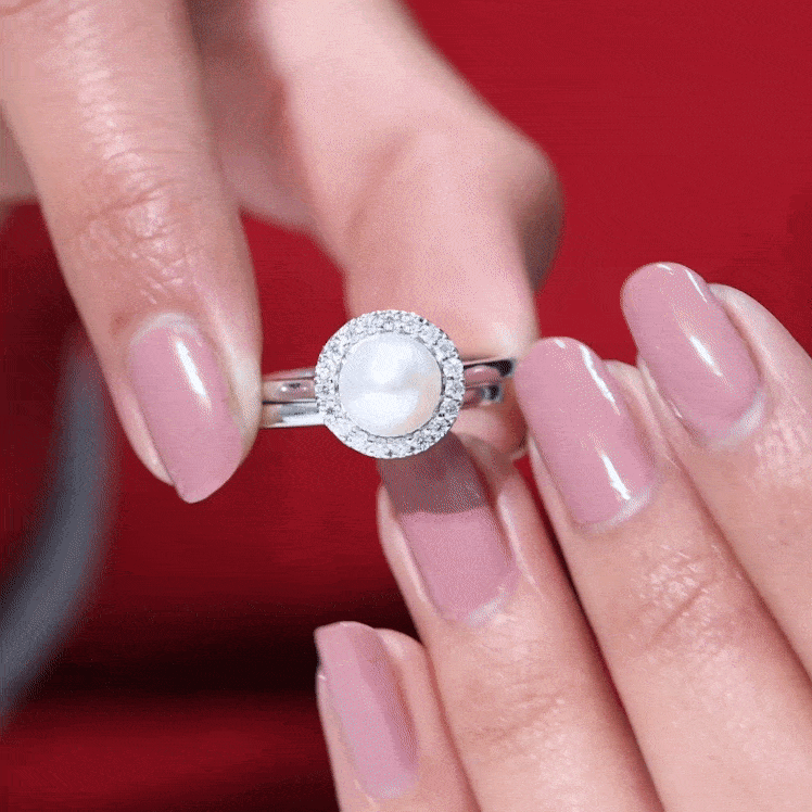 Real 7.4 Carat Freshwater Pearl Diamond Wedding Bridal Ring Set for Women AAA - Rosec Jewels