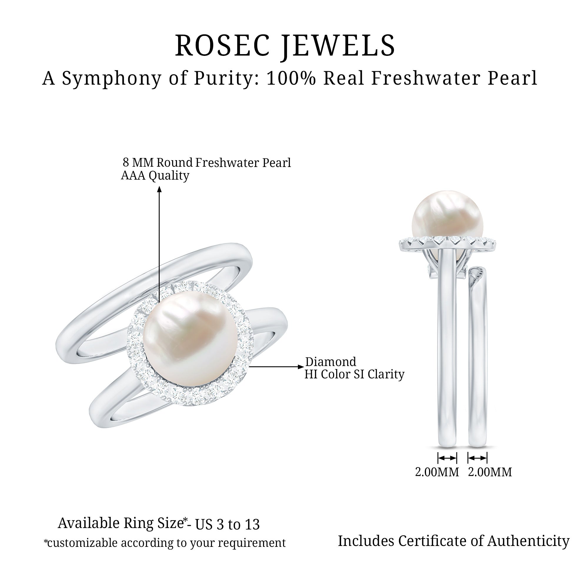 Real 7.4 Carat Freshwater Pearl Diamond Wedding Bridal Ring Set for Women AAA - Rosec Jewels