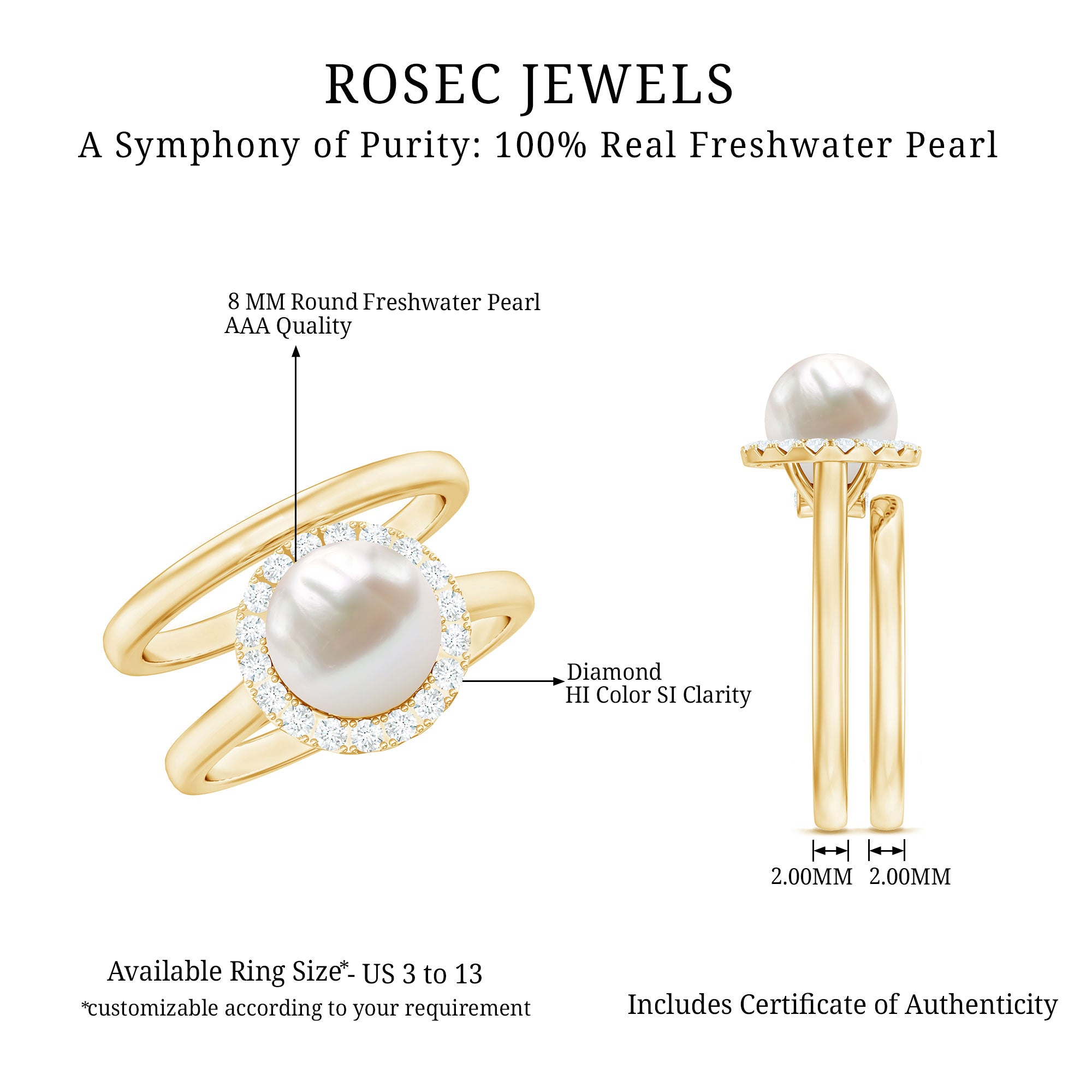 Real 7.4 Carat Freshwater Pearl Diamond Wedding Bridal Ring Set for Women AAA - Rosec Jewels
