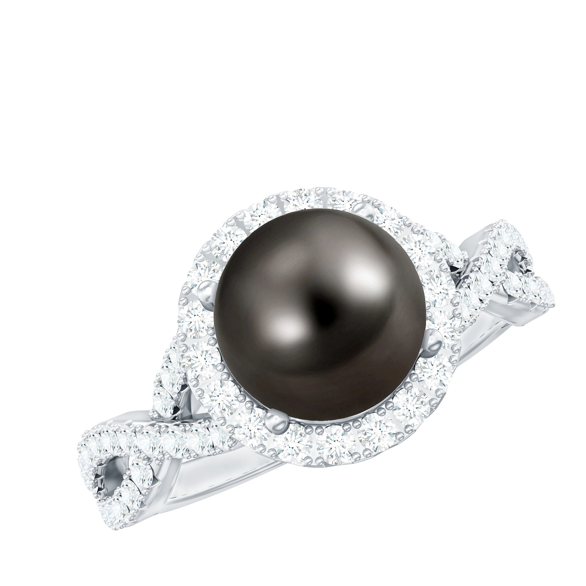 Real Tahitian Pearl and Diamond Crossover Engagement Ring