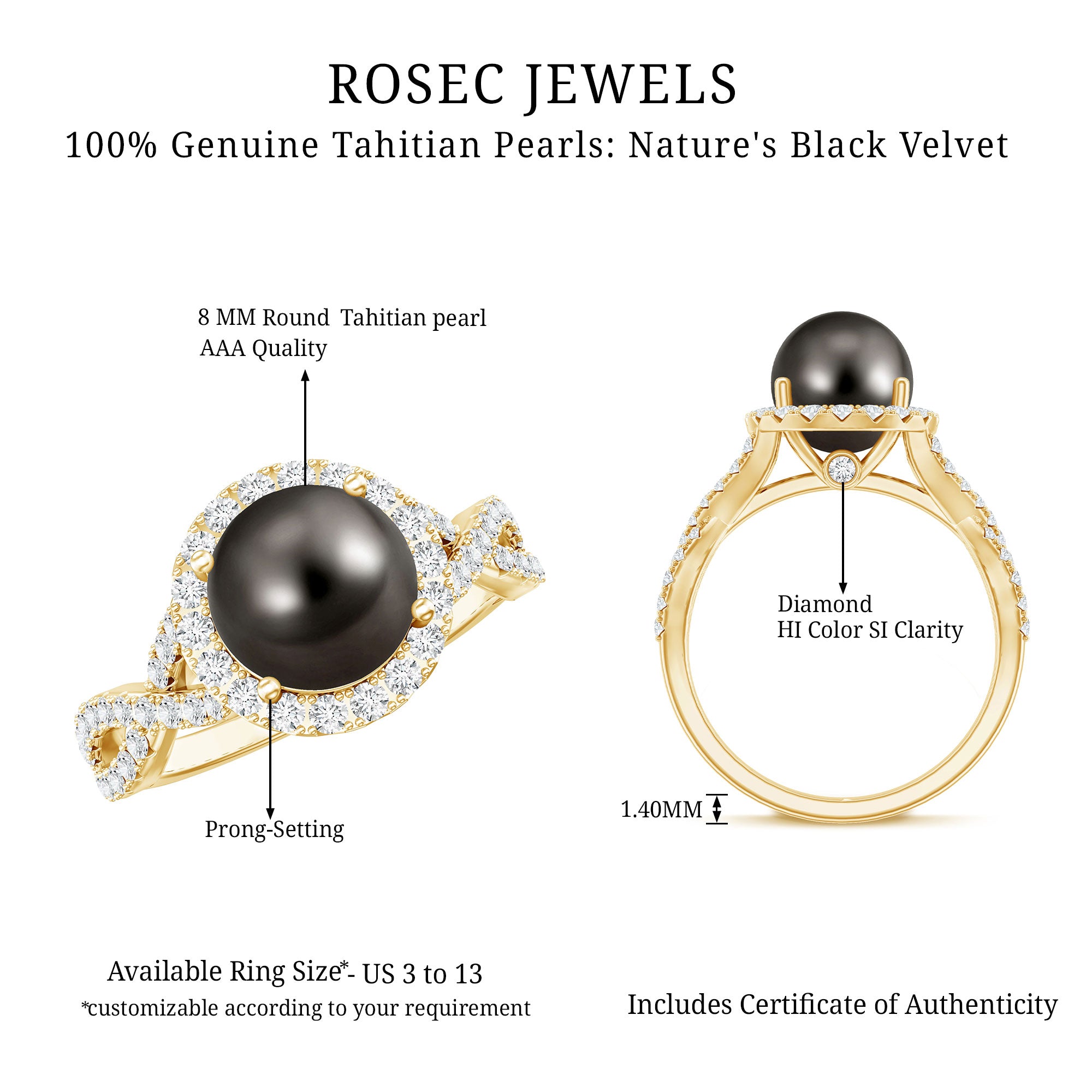 Real Tahitian Pearl and Diamond Crossover Engagement Ring AAA - Rosec Jewels