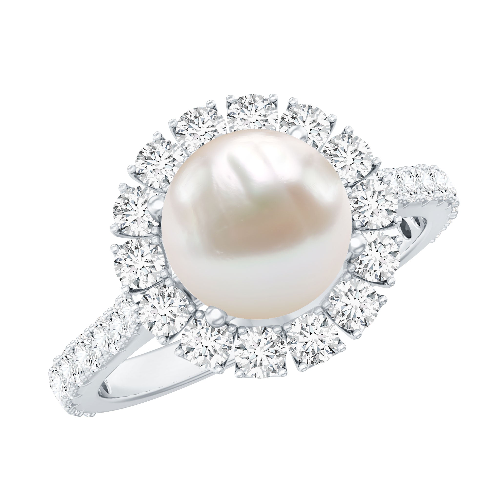 Genuine 7.4 Carat Freshwater Pearl Engagement Ring with Moissanite Halo AAA - Rosec Jewels