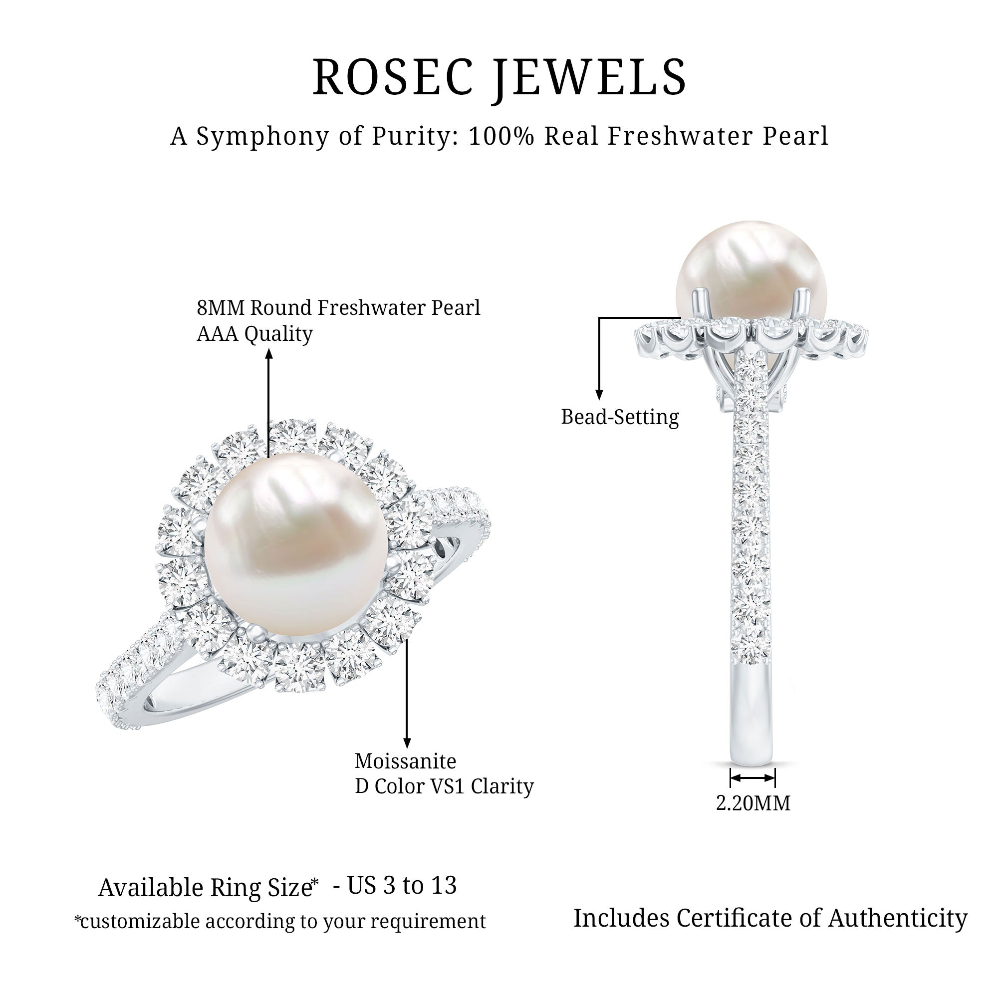 Genuine 7.4 Carat Freshwater Pearl Engagement Ring with Moissanite Halo AAA - Rosec Jewels