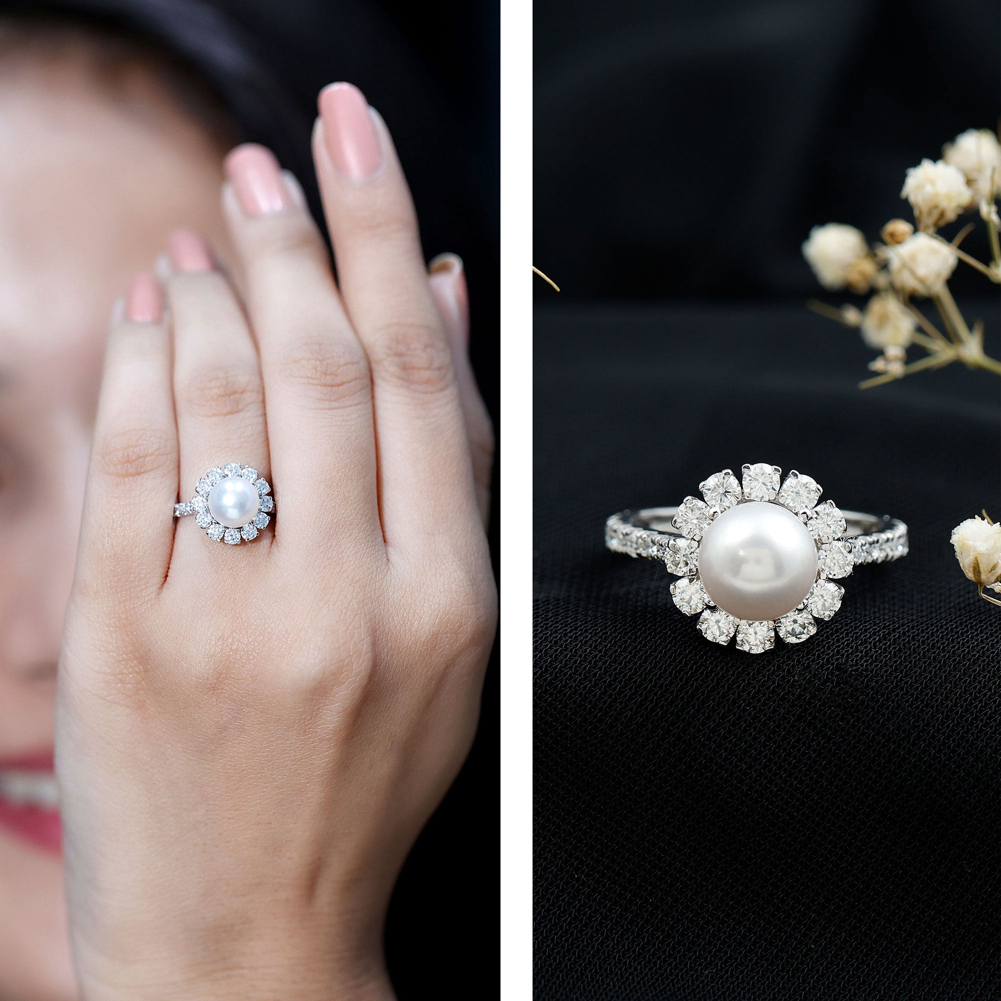 Genuine 7.4 Carat Freshwater Pearl Engagement Ring with Moissanite Halo AAA - Rosec Jewels
