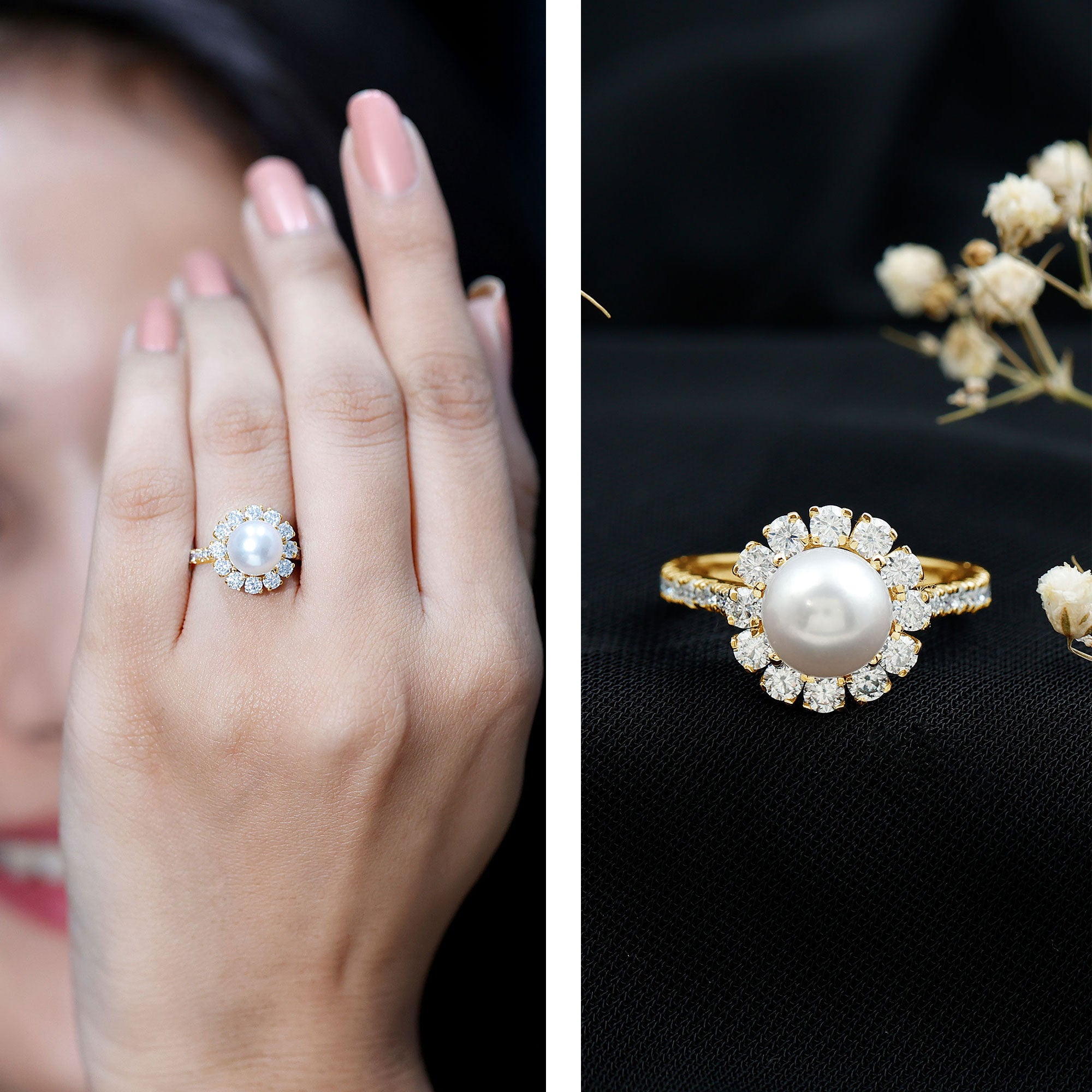 Genuine 7.4 Carat Freshwater Pearl Engagement Ring with Moissanite Halo AAA - Rosec Jewels