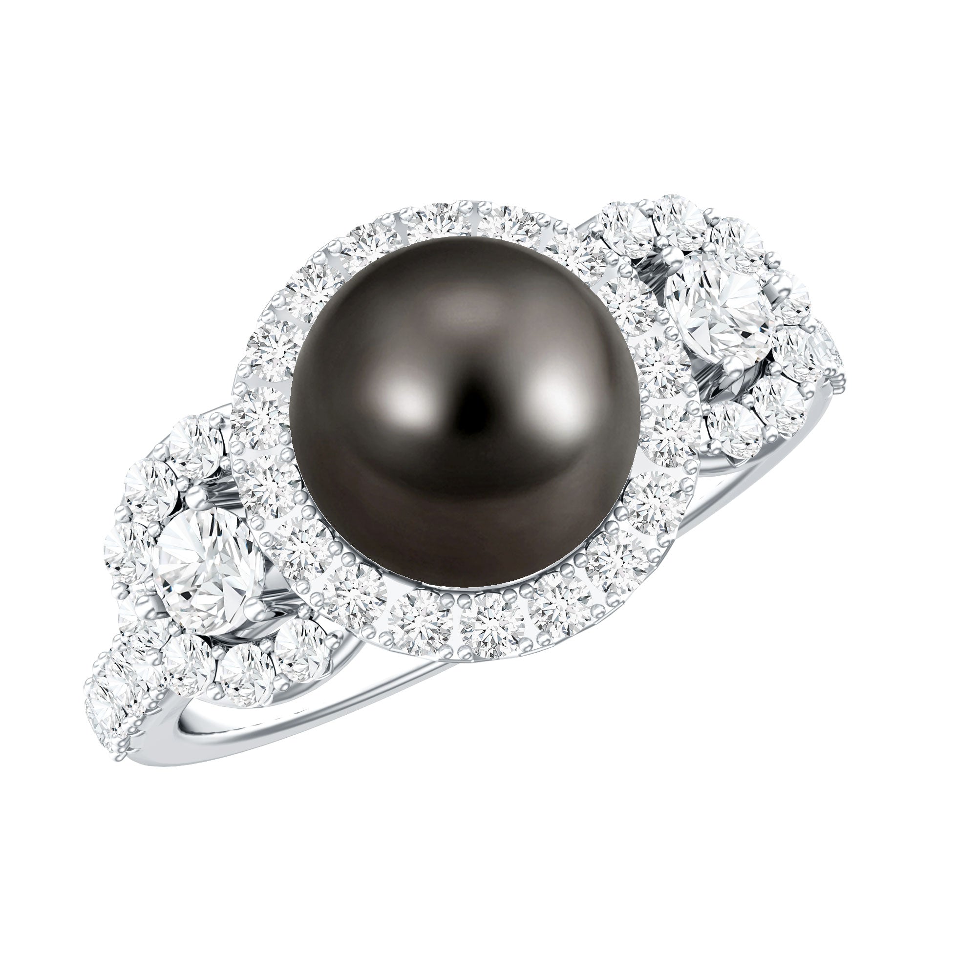 Rosec Jewels-7.5 Carat Round Black Pearl Engagement Ring with Moissanite Accent
