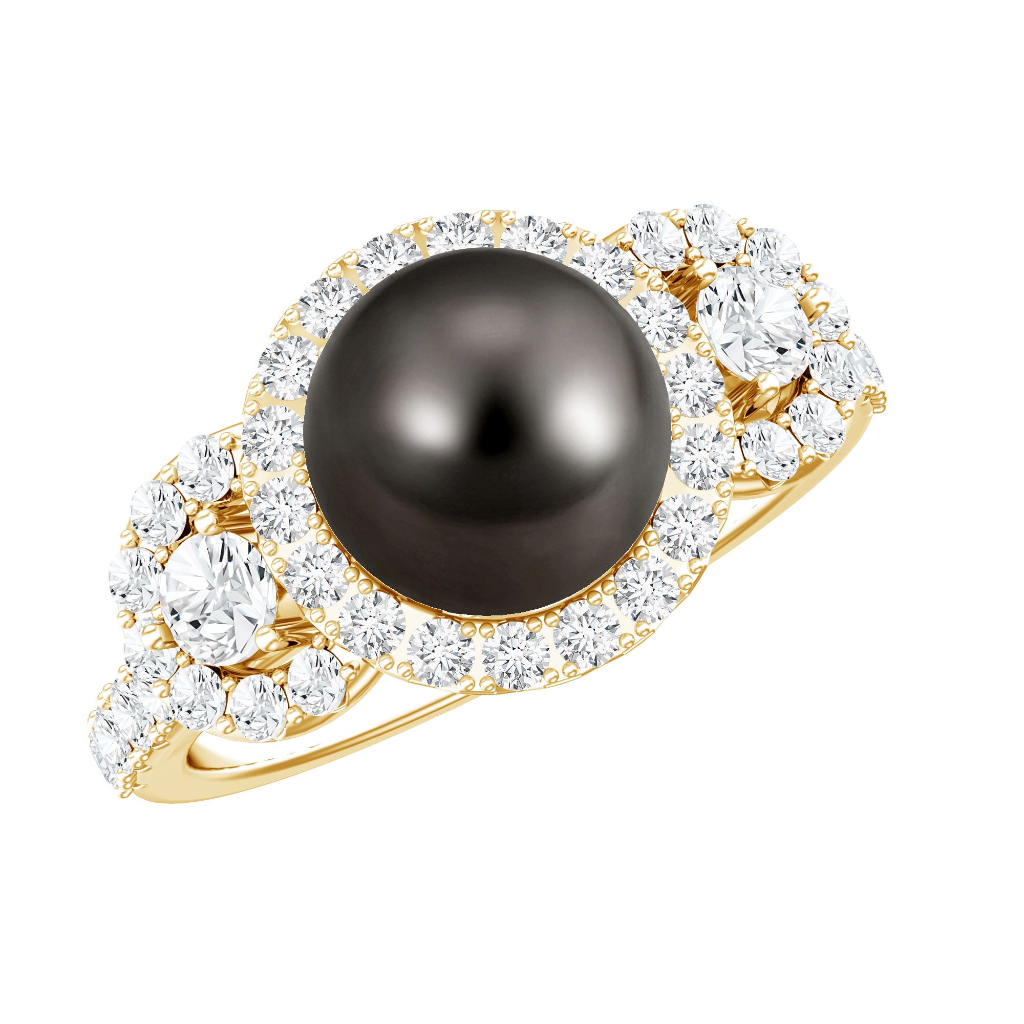 7.5 Carat Round Black Pearl Engagement Ring with Moissanite Accent AAA - Rosec Jewels