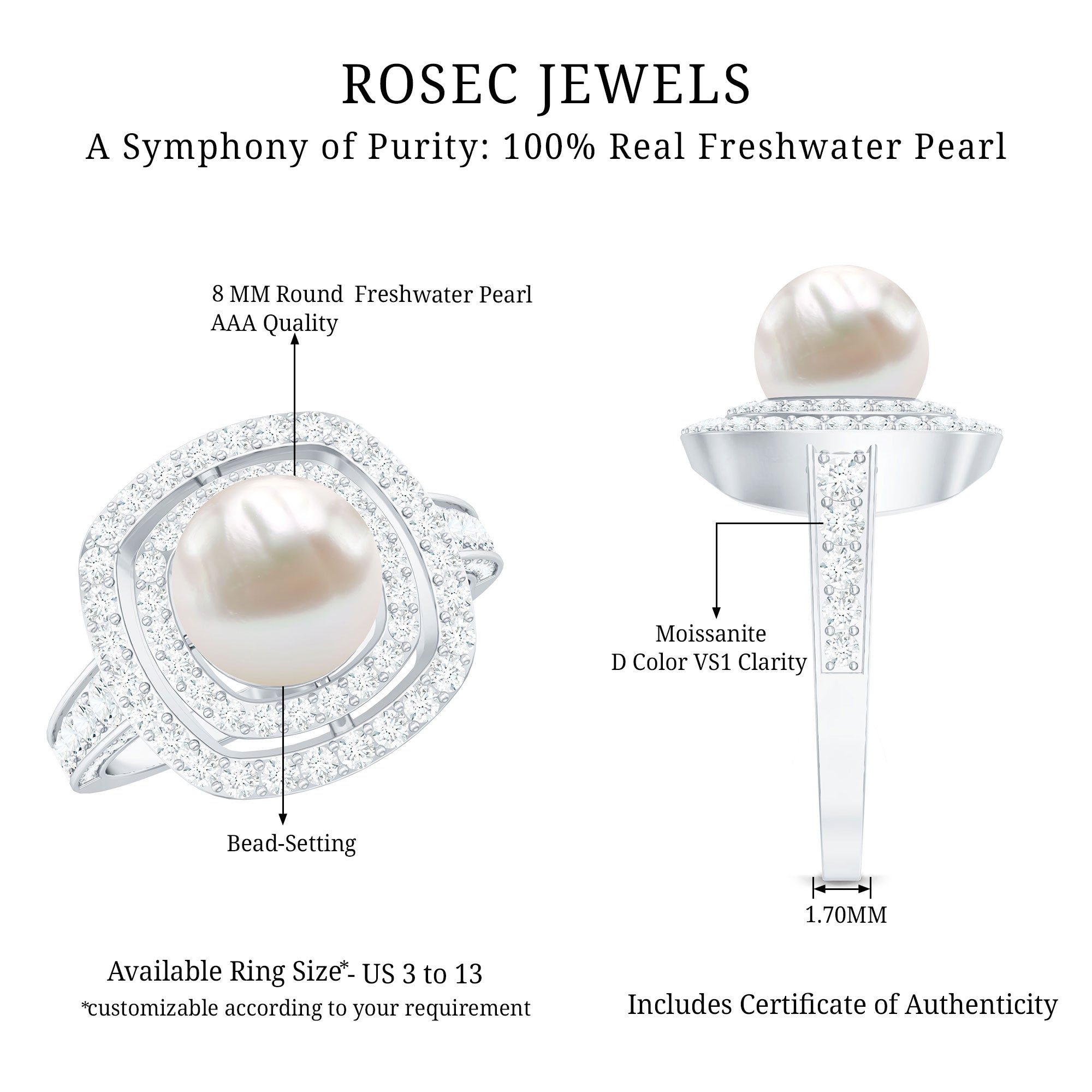 7.4 Carat Freshwater Pearl Double Halo Engagement Ring with Moissanite AAA - Rosec Jewels